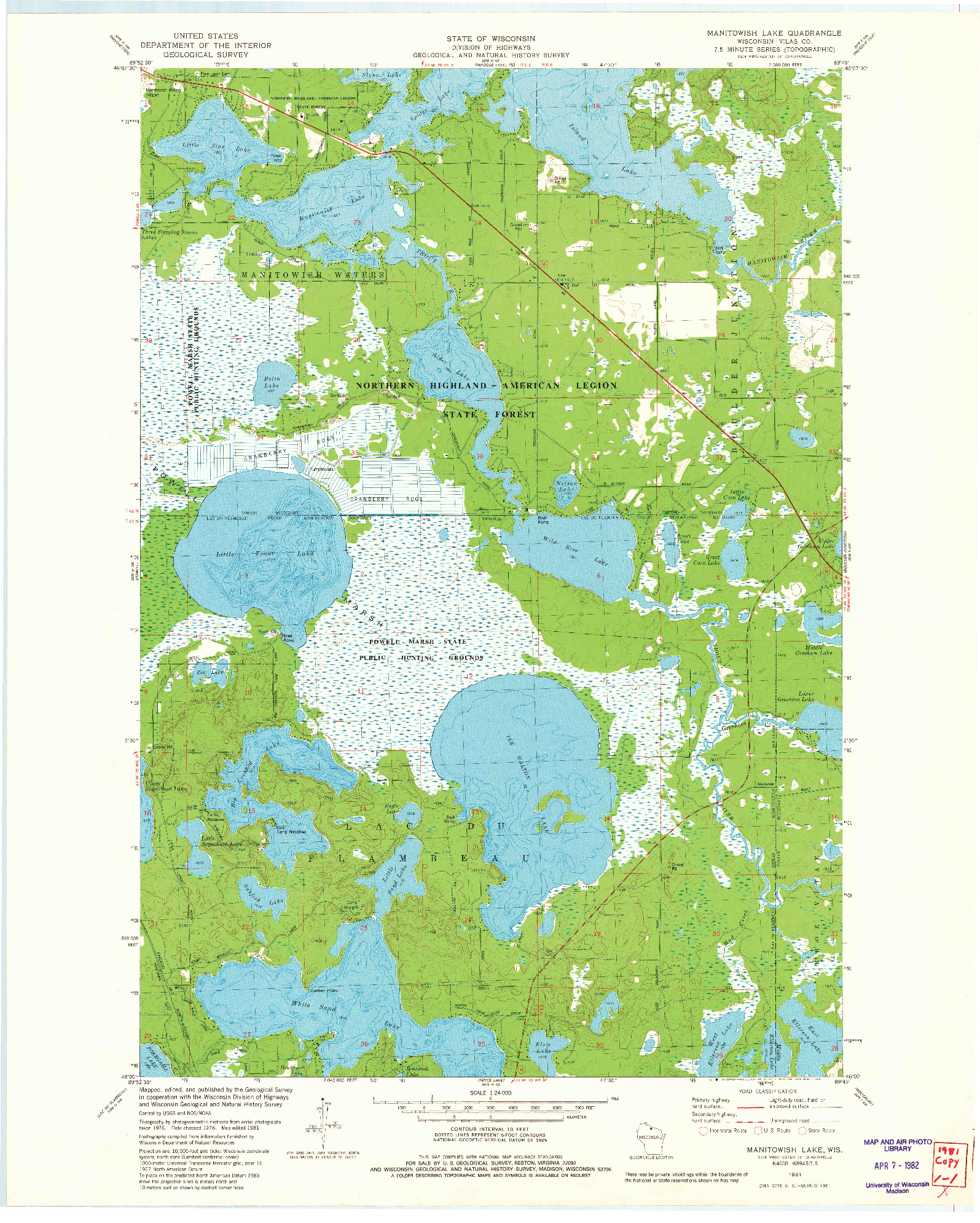 USGS 1:24000-SCALE QUADRANGLE FOR MANITOWISH LAKE, WI 1981