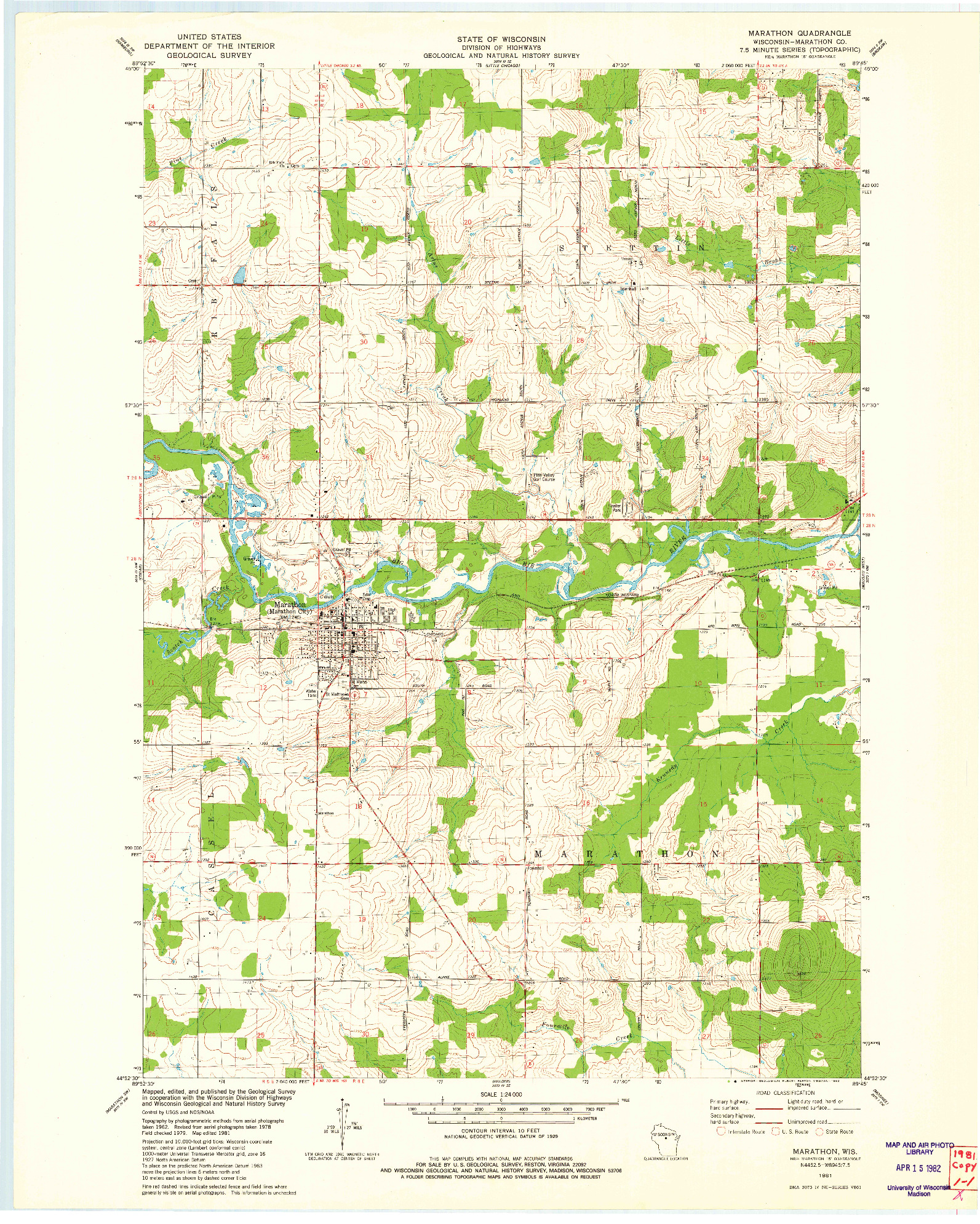 USGS 1:24000-SCALE QUADRANGLE FOR MARATHON, WI 1981