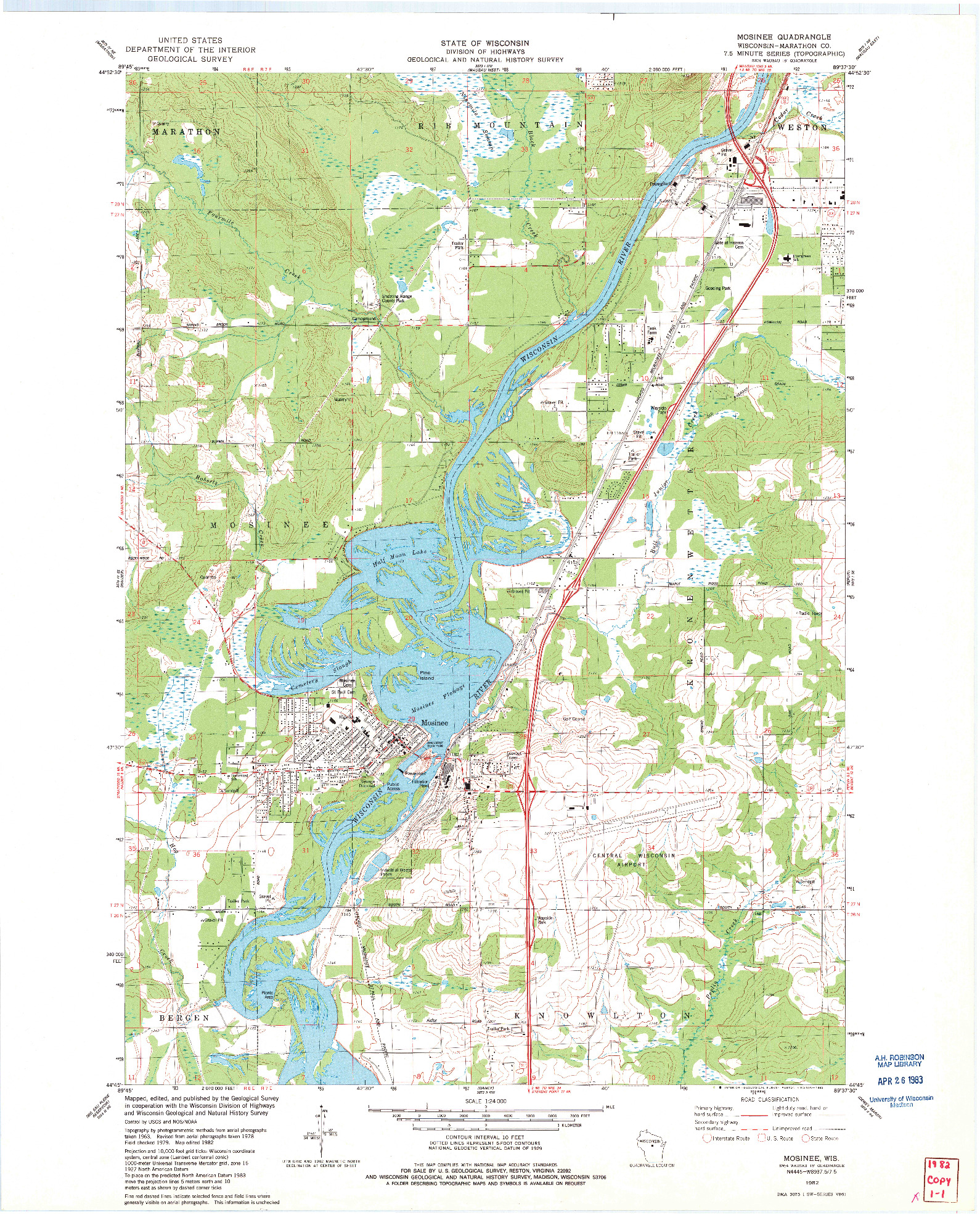 USGS 1:24000-SCALE QUADRANGLE FOR MOSINEE, WI 1982