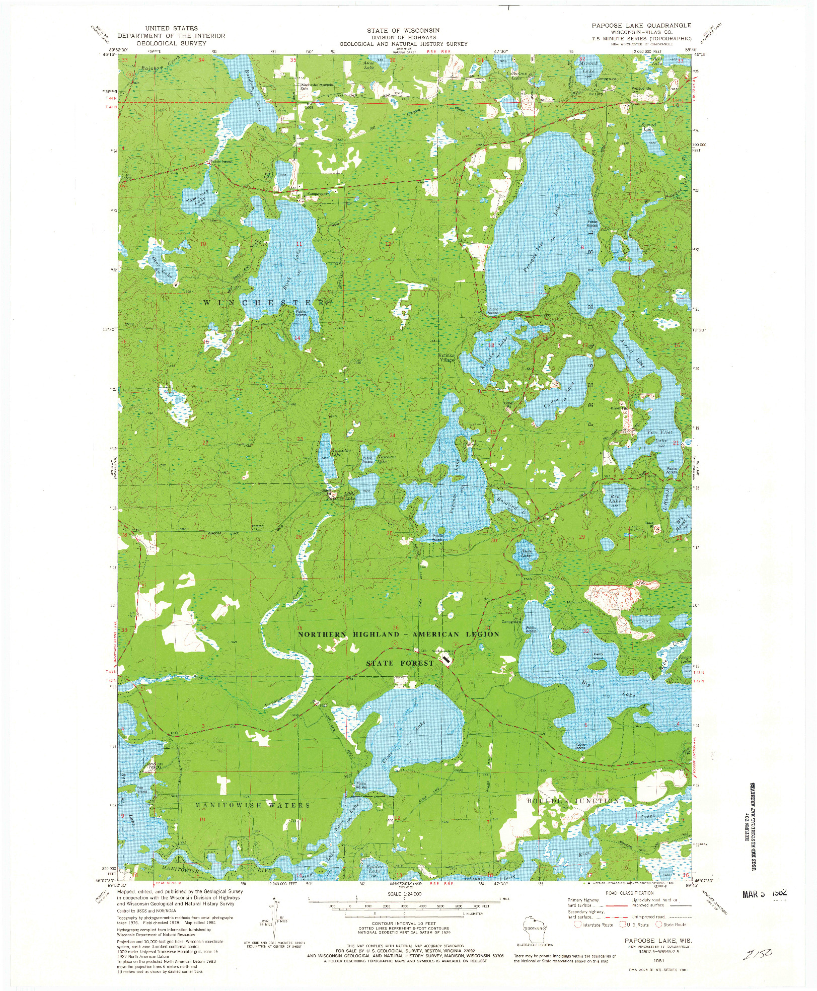 USGS 1:24000-SCALE QUADRANGLE FOR PAPOOSE LAKE, WI 1981