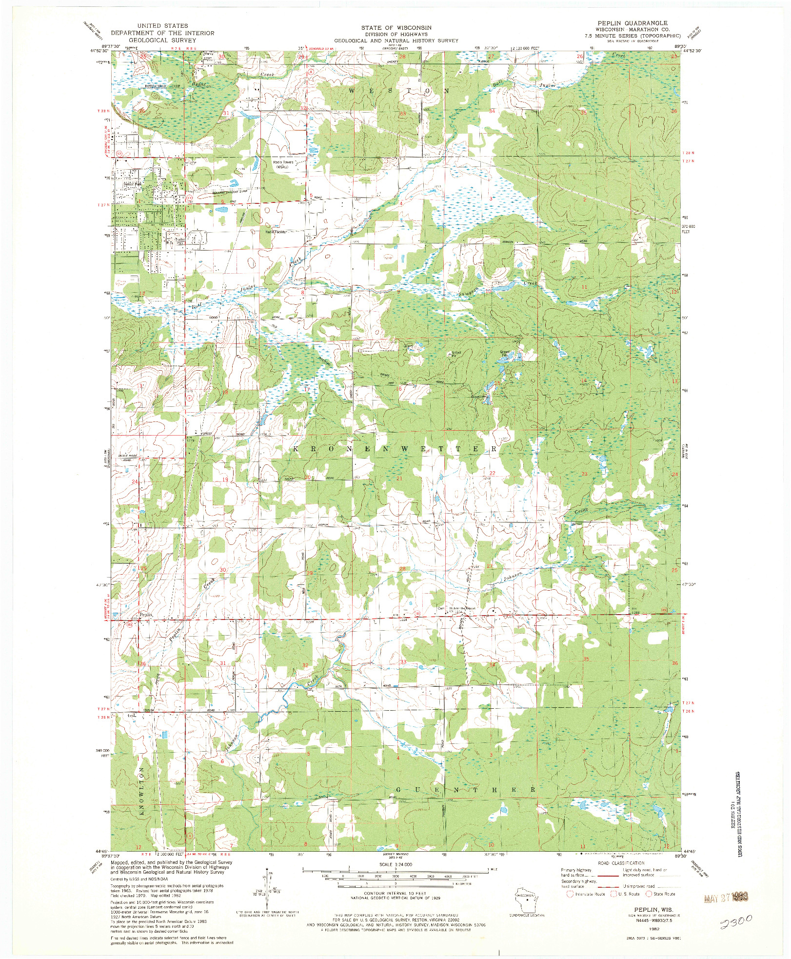 USGS 1:24000-SCALE QUADRANGLE FOR PEPLIN, WI 1982