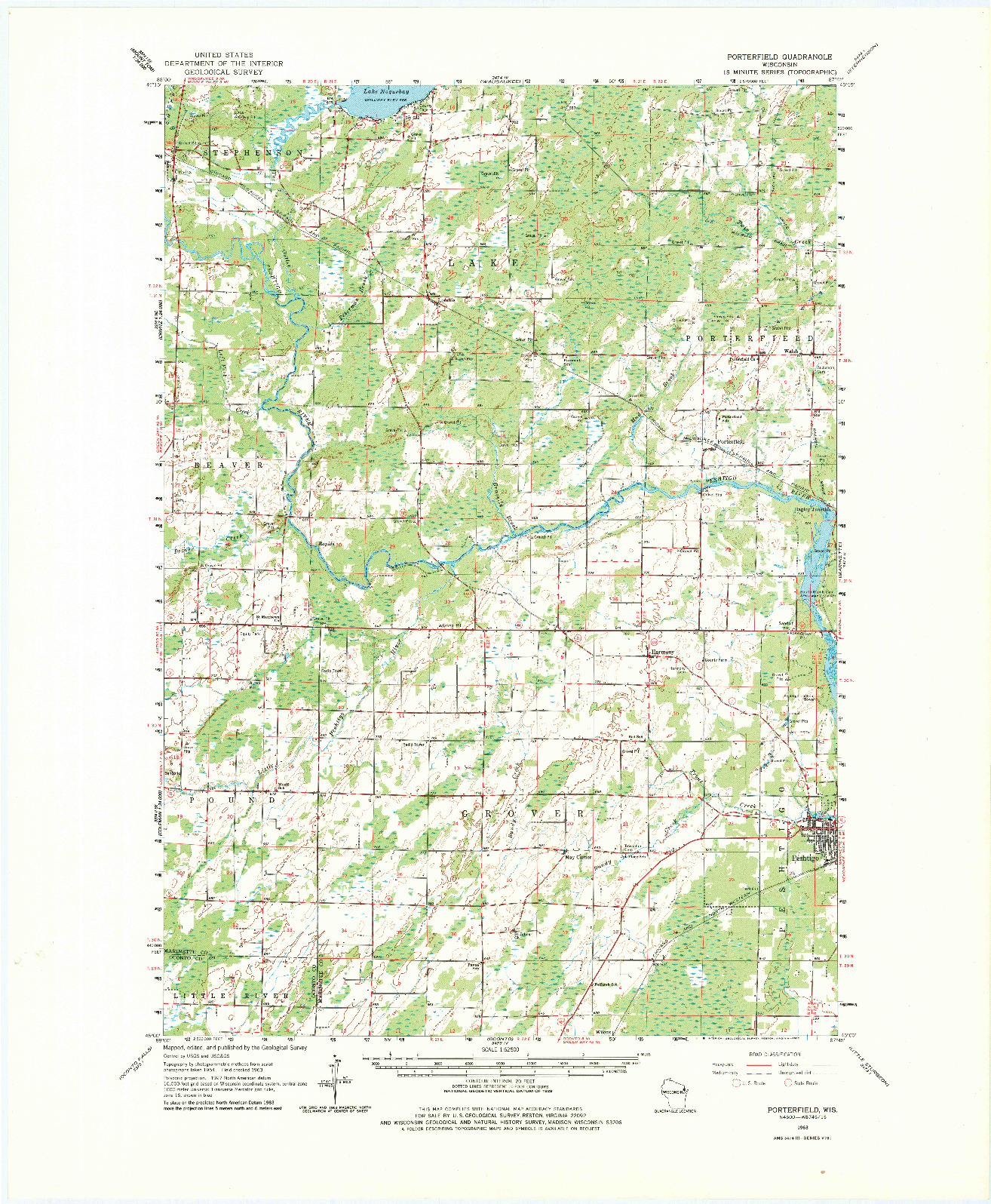 USGS 1:62500-SCALE QUADRANGLE FOR PORTERFIELD, WI 1963