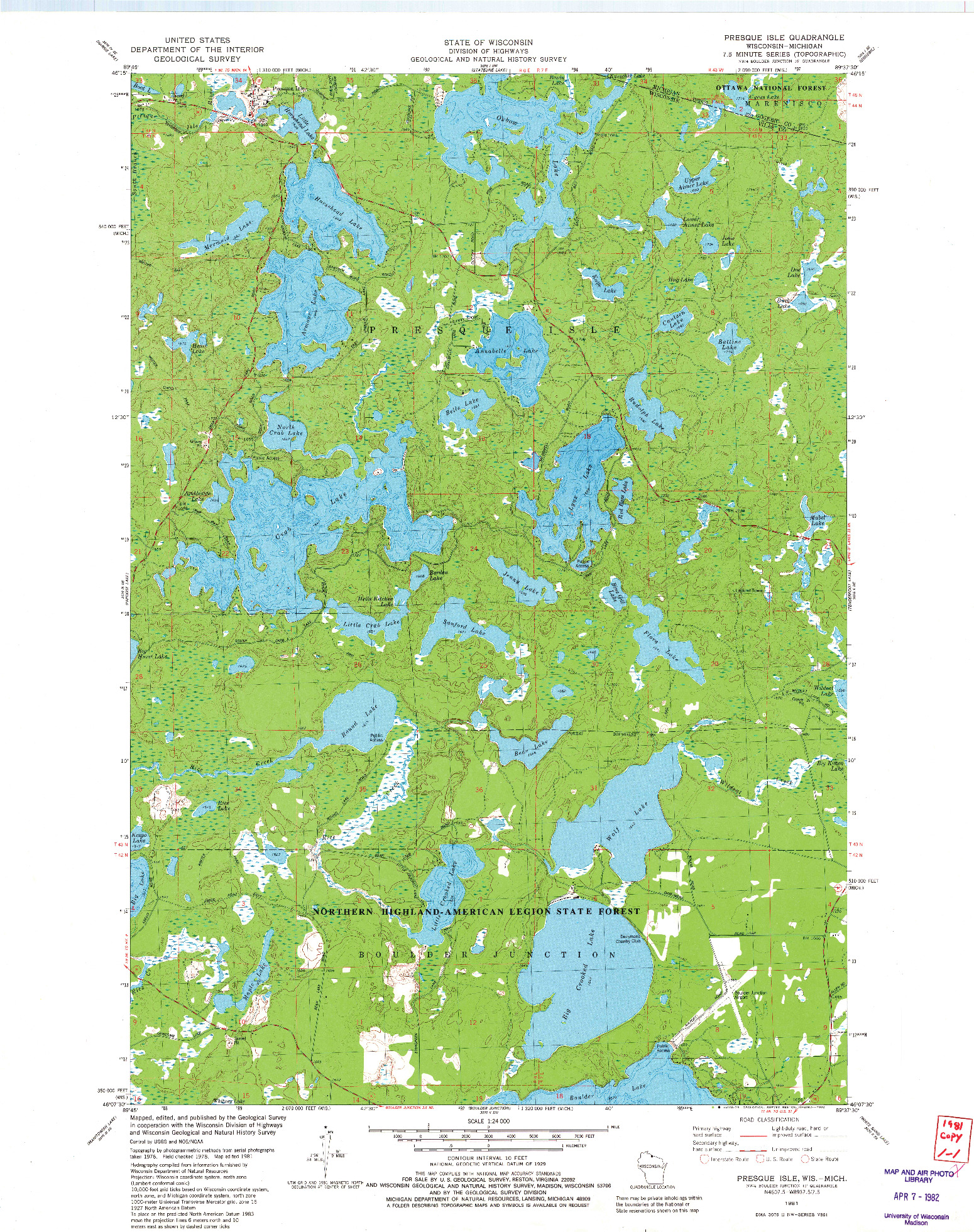 USGS 1:24000-SCALE QUADRANGLE FOR PRESQUE ISLE, WI 1981