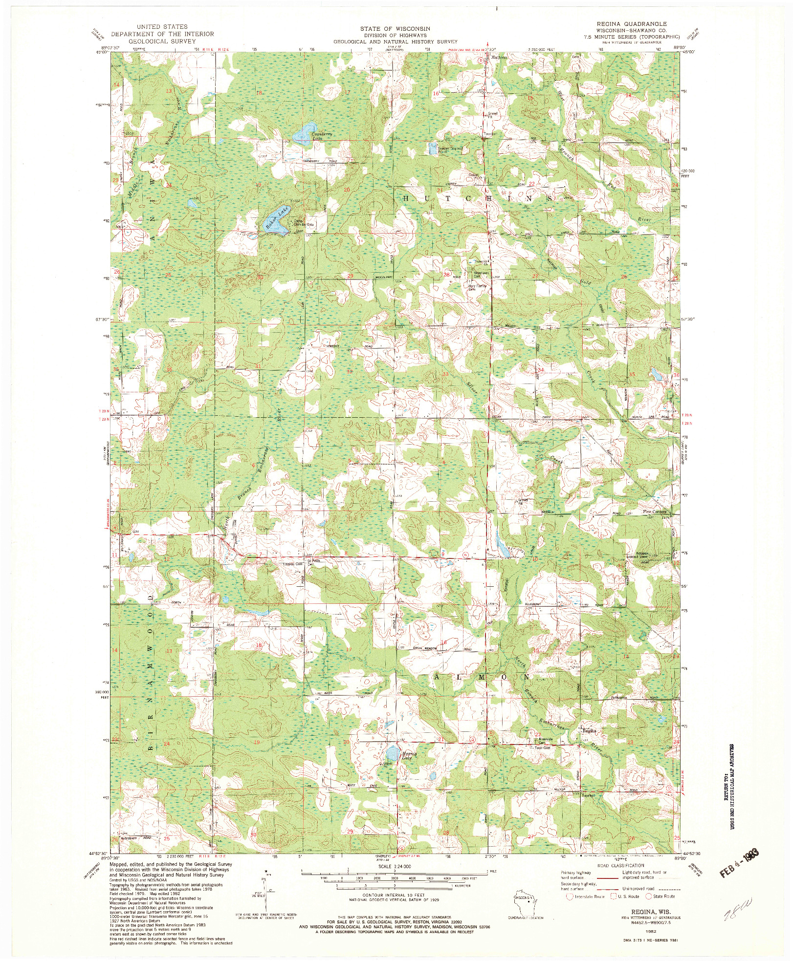 USGS 1:24000-SCALE QUADRANGLE FOR REGINA, WI 1982