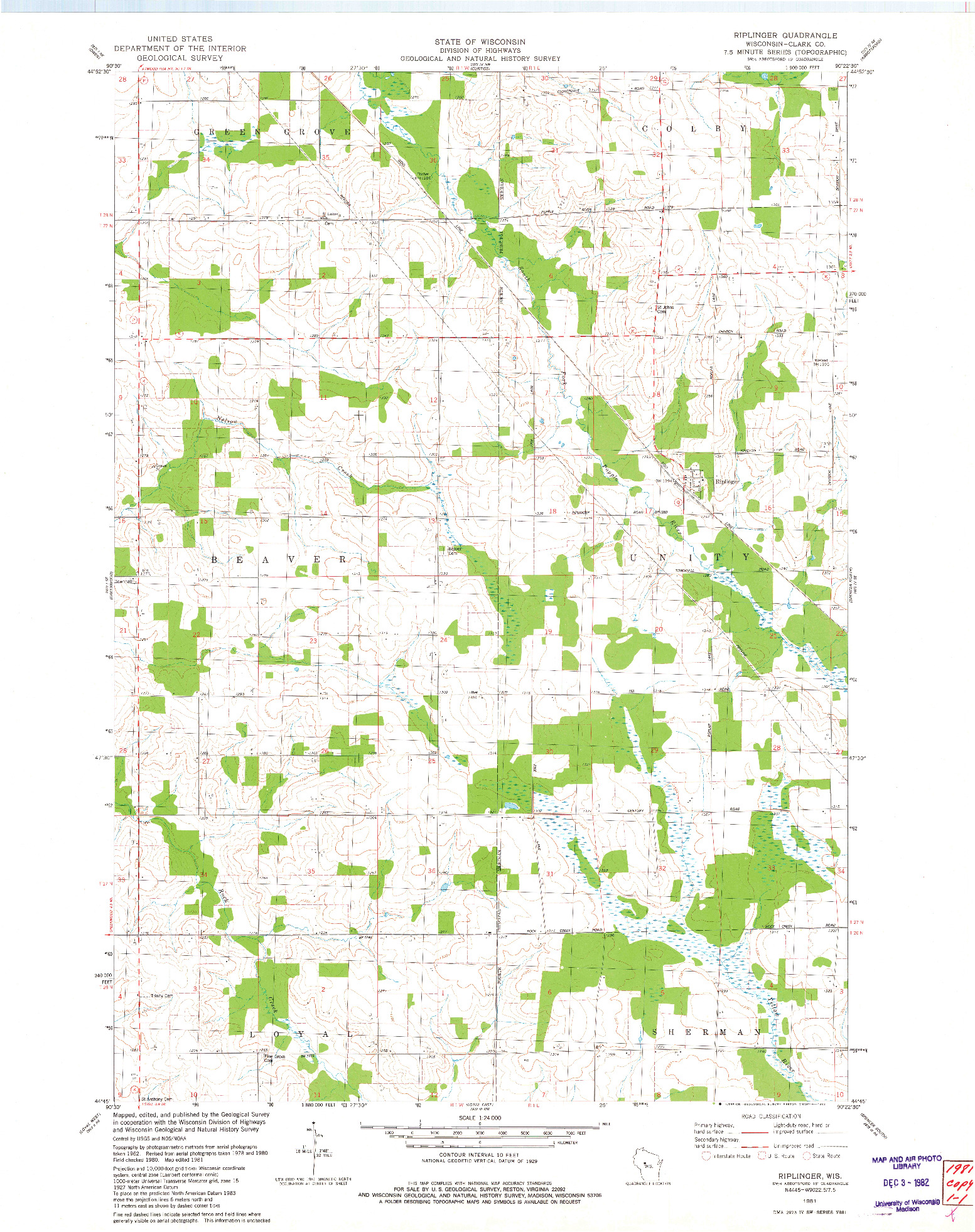 USGS 1:24000-SCALE QUADRANGLE FOR RIPLINGER, WI 1981