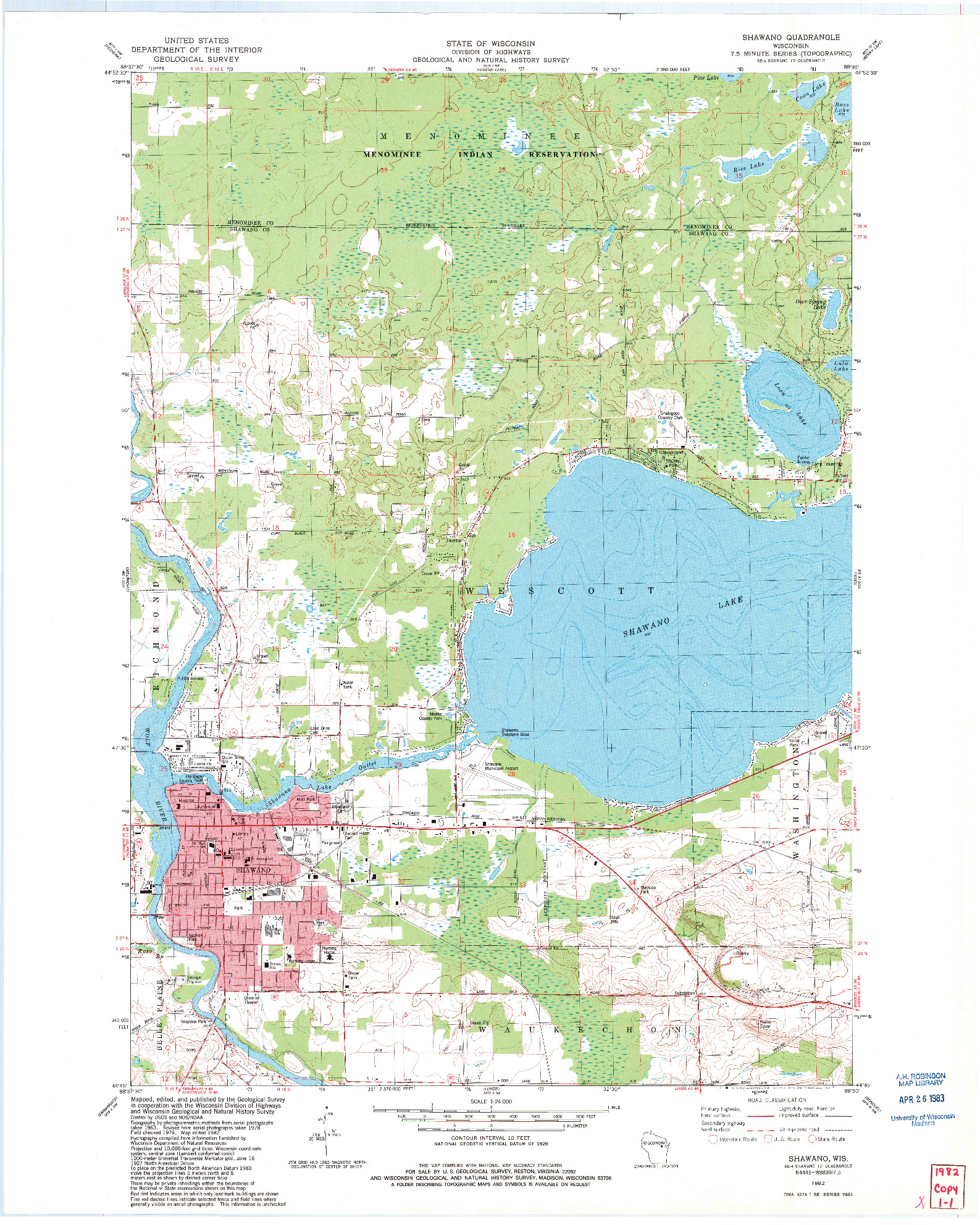 USGS 1:24000-SCALE QUADRANGLE FOR SHAWANO, WI 1982