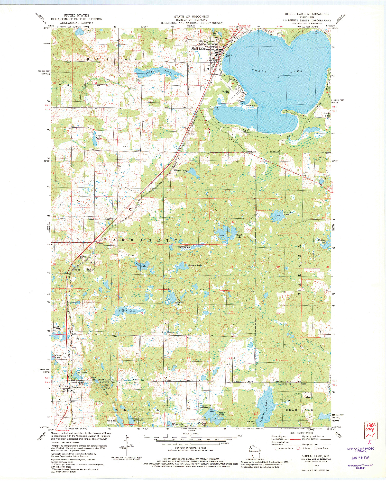 USGS 1:24000-SCALE QUADRANGLE FOR SHELL LAKE, WI 1982