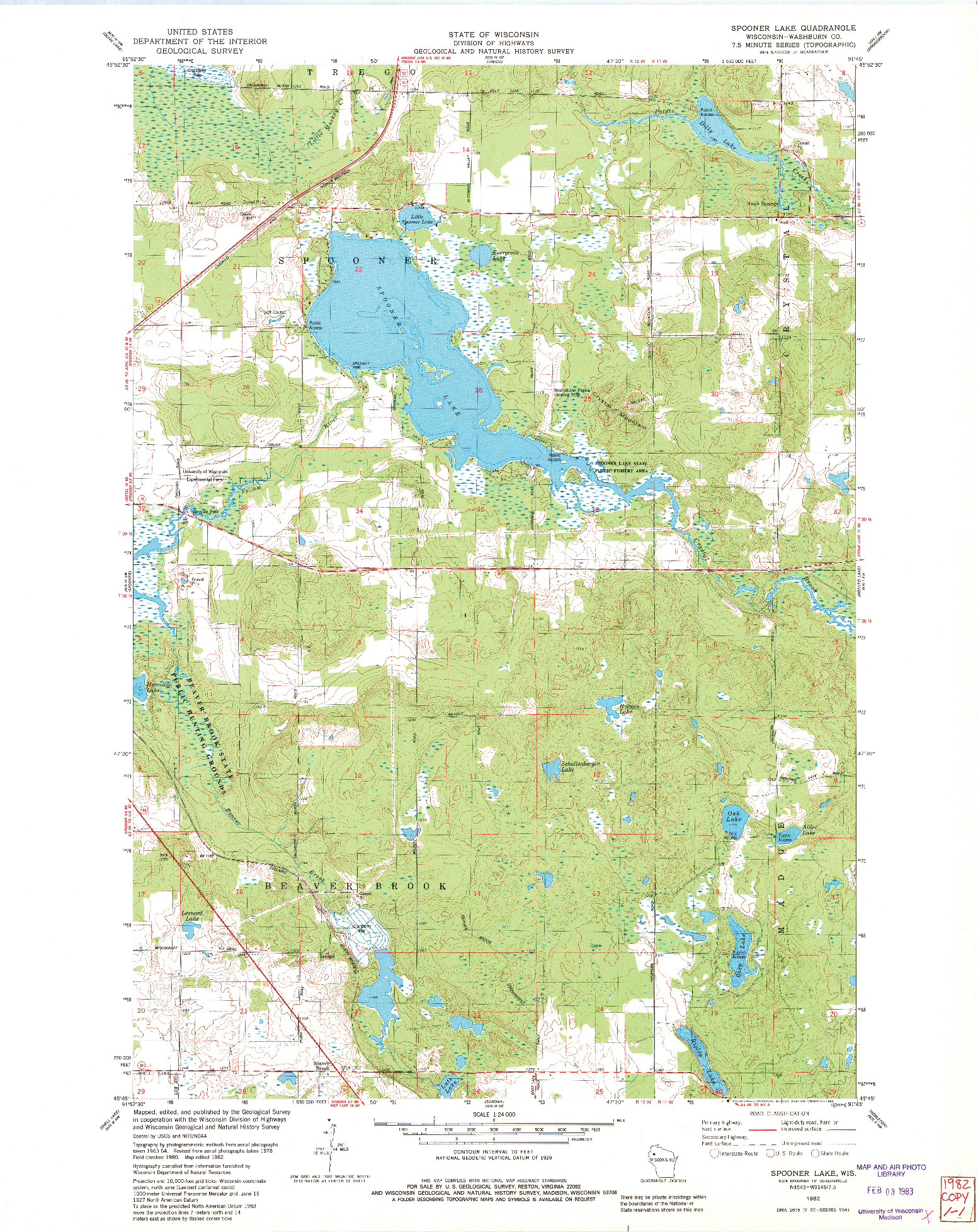 USGS 1:24000-SCALE QUADRANGLE FOR SPOONER LAKE, WI 1982
