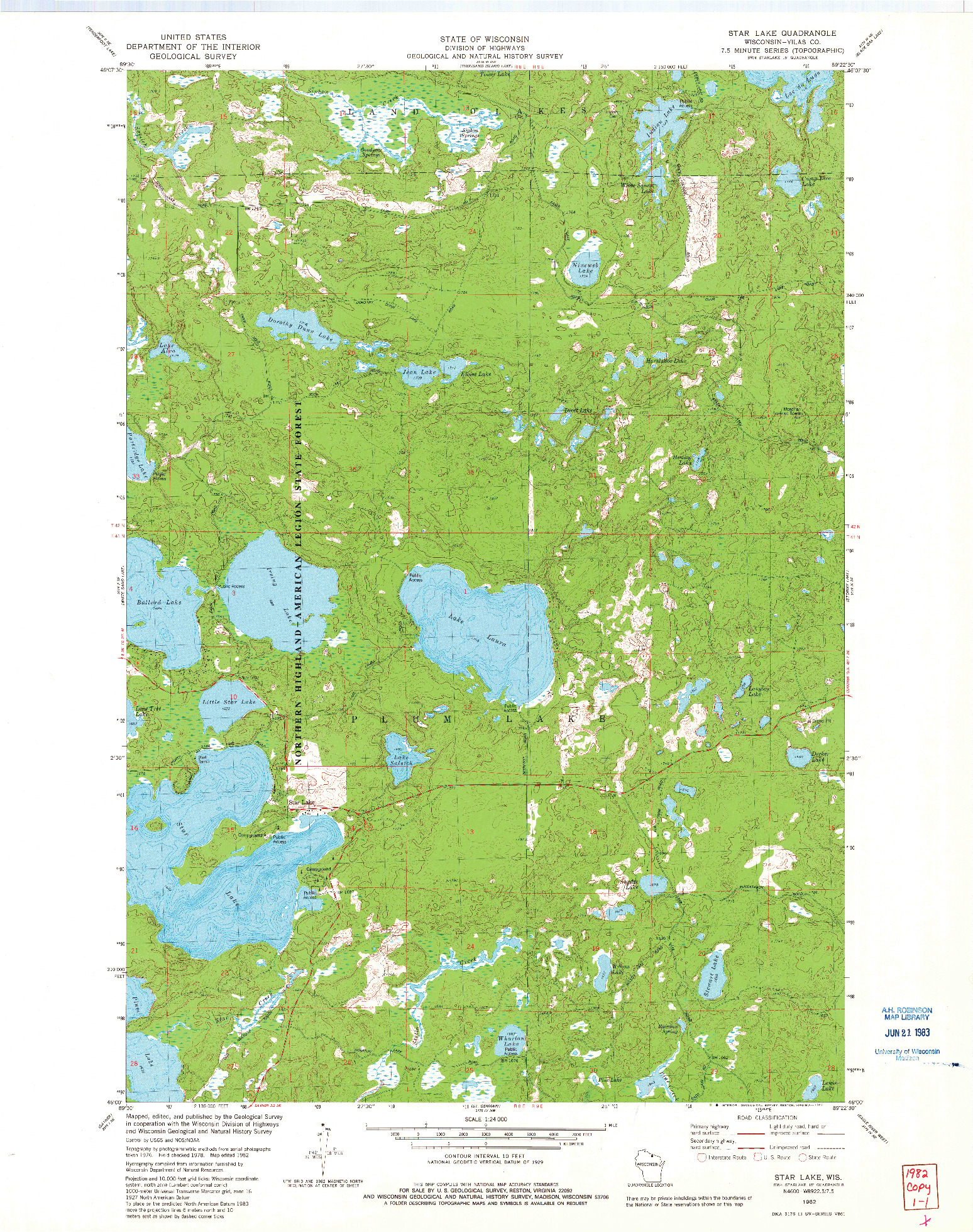 USGS 1:24000-SCALE QUADRANGLE FOR STAR LAKE, WI 1982