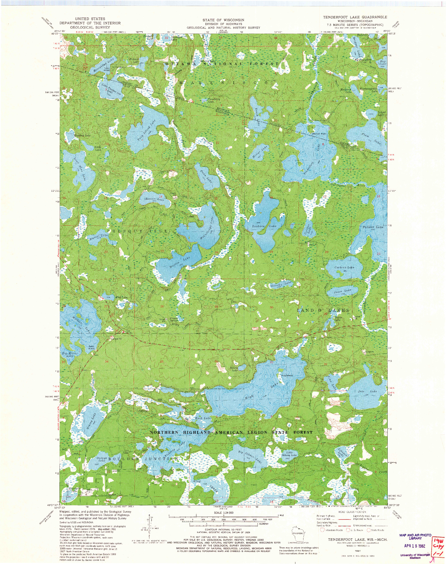 USGS 1:24000-SCALE QUADRANGLE FOR TENDERFOOT LAKE, WI 1981