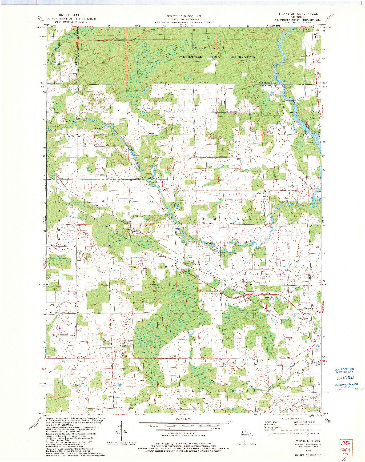 USGS 1:24000-SCALE QUADRANGLE FOR THORNTON, WI 1982