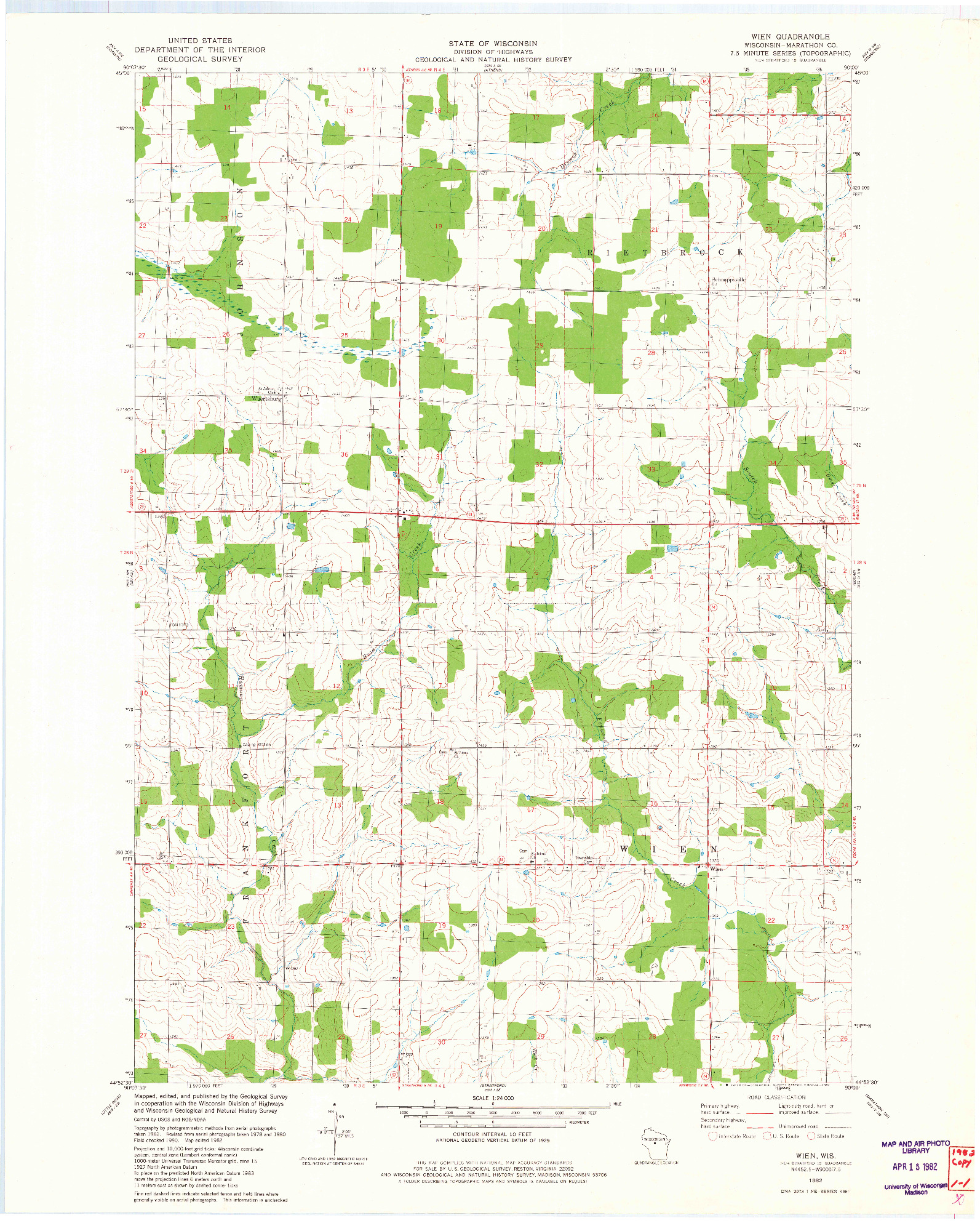 USGS 1:24000-SCALE QUADRANGLE FOR WIEN, WI 1982