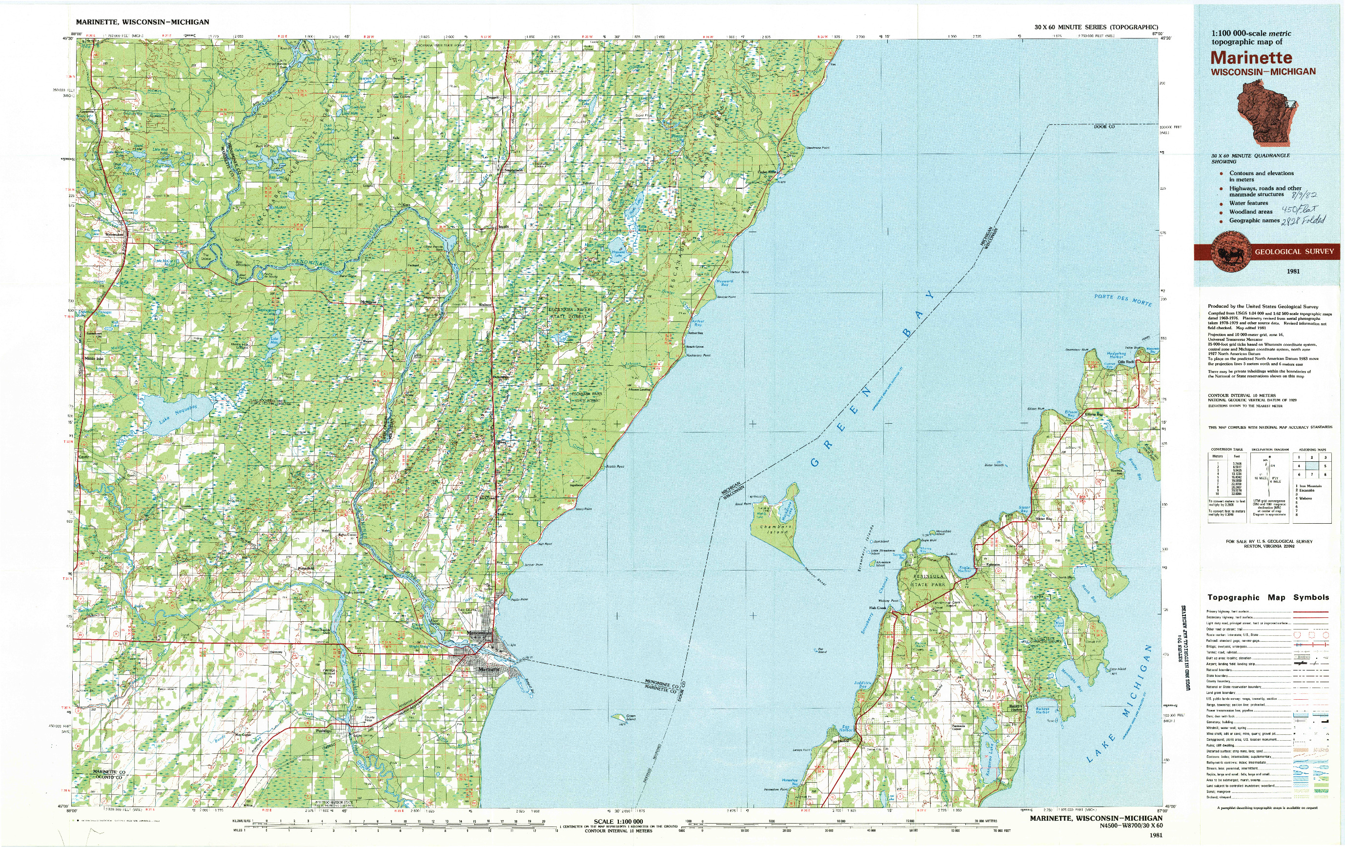 USGS 1:100000-SCALE QUADRANGLE FOR MARINETTE, WI 1981