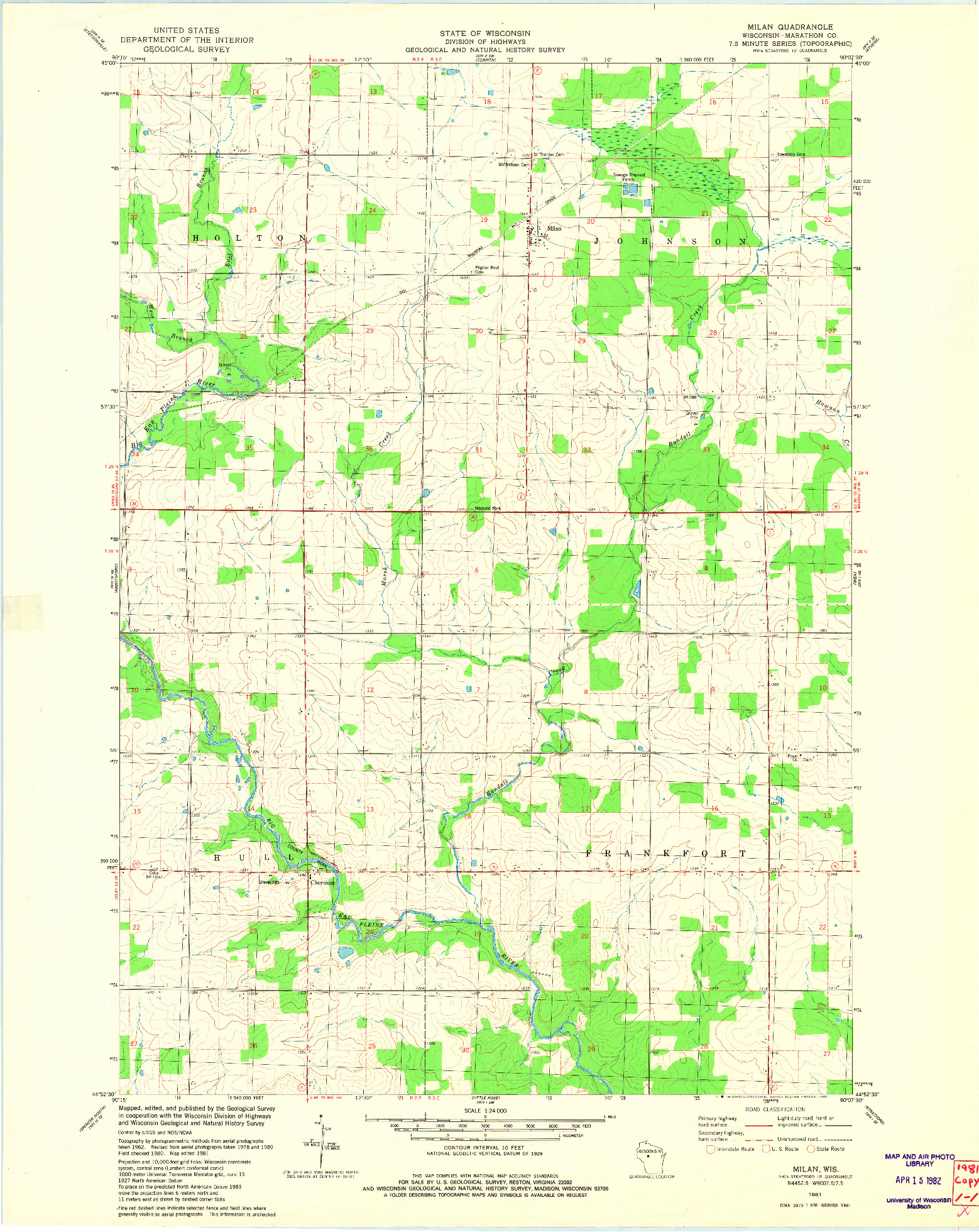 USGS 1:24000-SCALE QUADRANGLE FOR MILAN, WI 1981