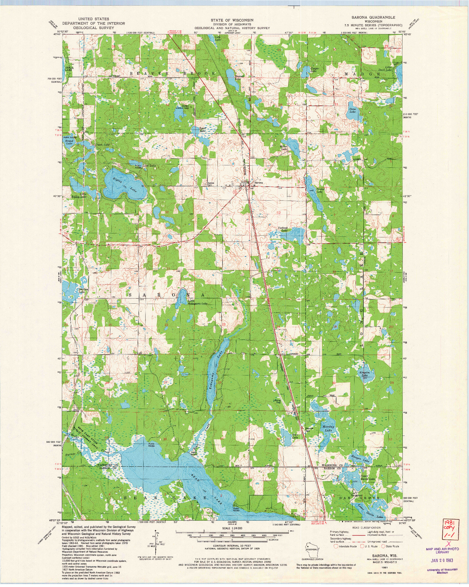 USGS 1:24000-SCALE QUADRANGLE FOR SARONA, WI 1981
