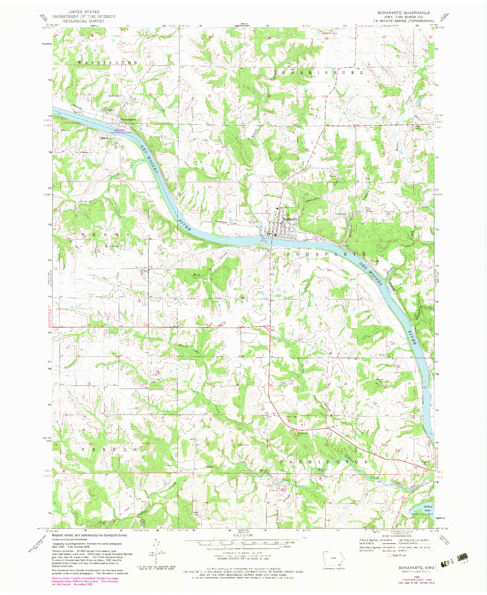 USGS 1:24000-SCALE QUADRANGLE FOR BONAPARTE, IA 1968