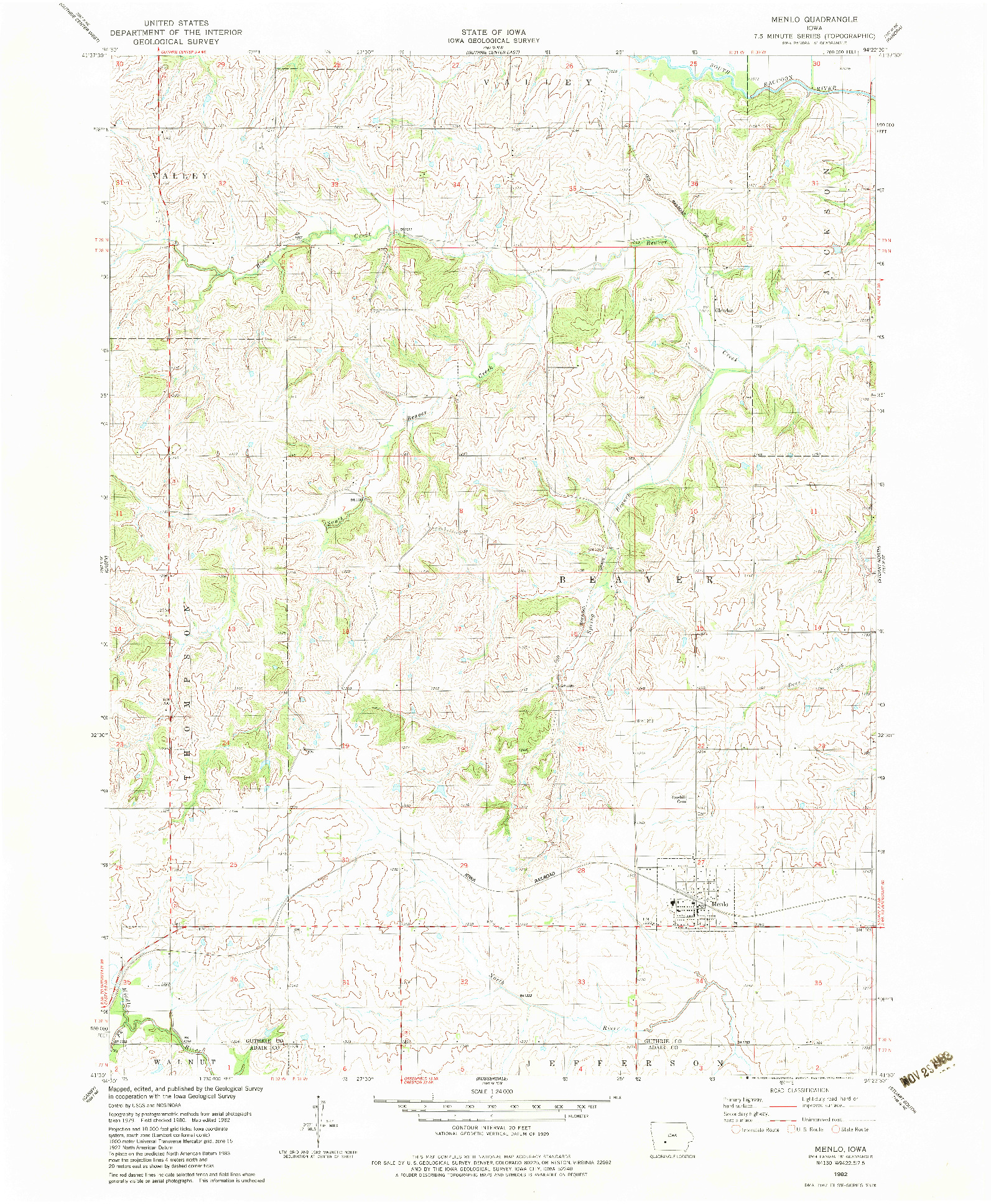 USGS 1:24000-SCALE QUADRANGLE FOR MENLO, IA 1982
