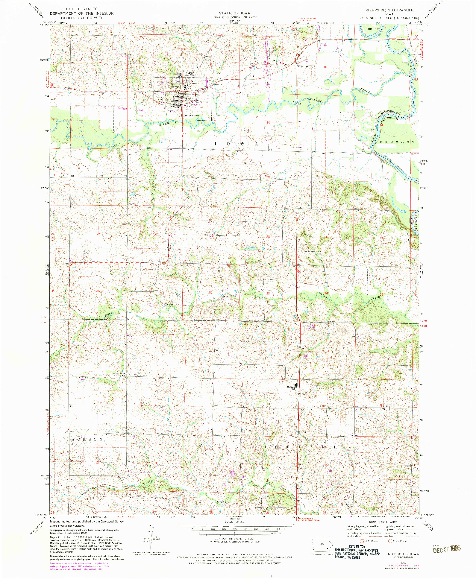 USGS 1:24000-SCALE QUADRANGLE FOR RIVERSIDE, IA 1969