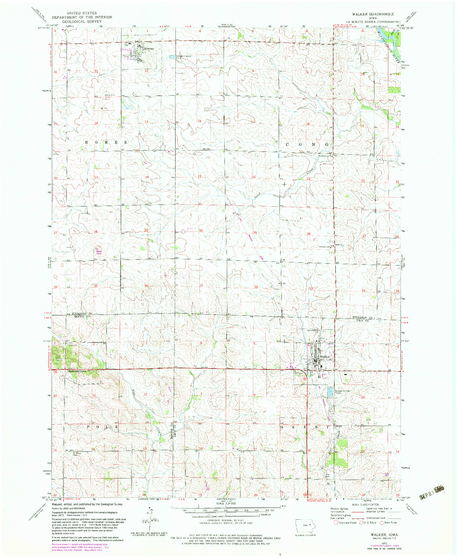 USGS 1:24000-SCALE QUADRANGLE FOR WALKER, IA 1973