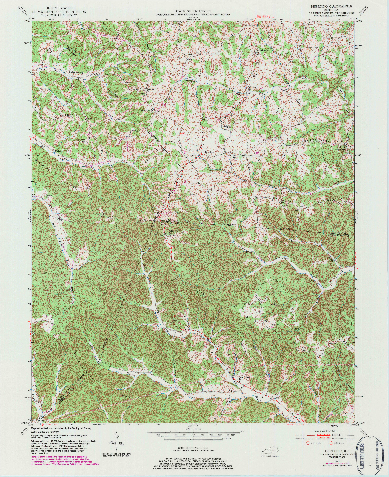 USGS 1:24000-SCALE QUADRANGLE FOR BREEDING, KY 1953