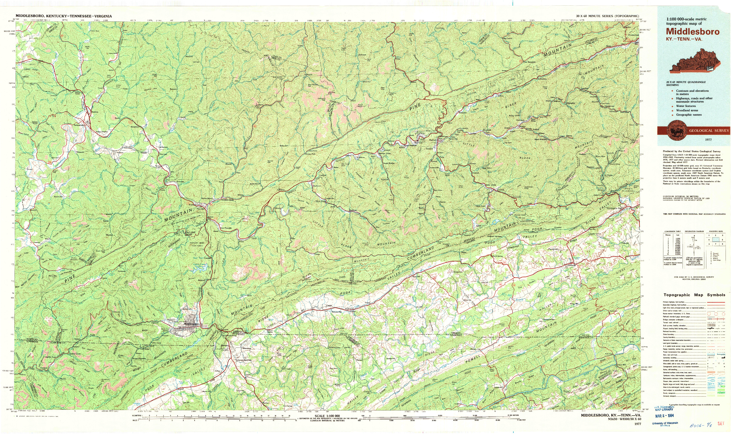 USGS 1:100000-SCALE QUADRANGLE FOR MIDDLESBORO, KY 1977
