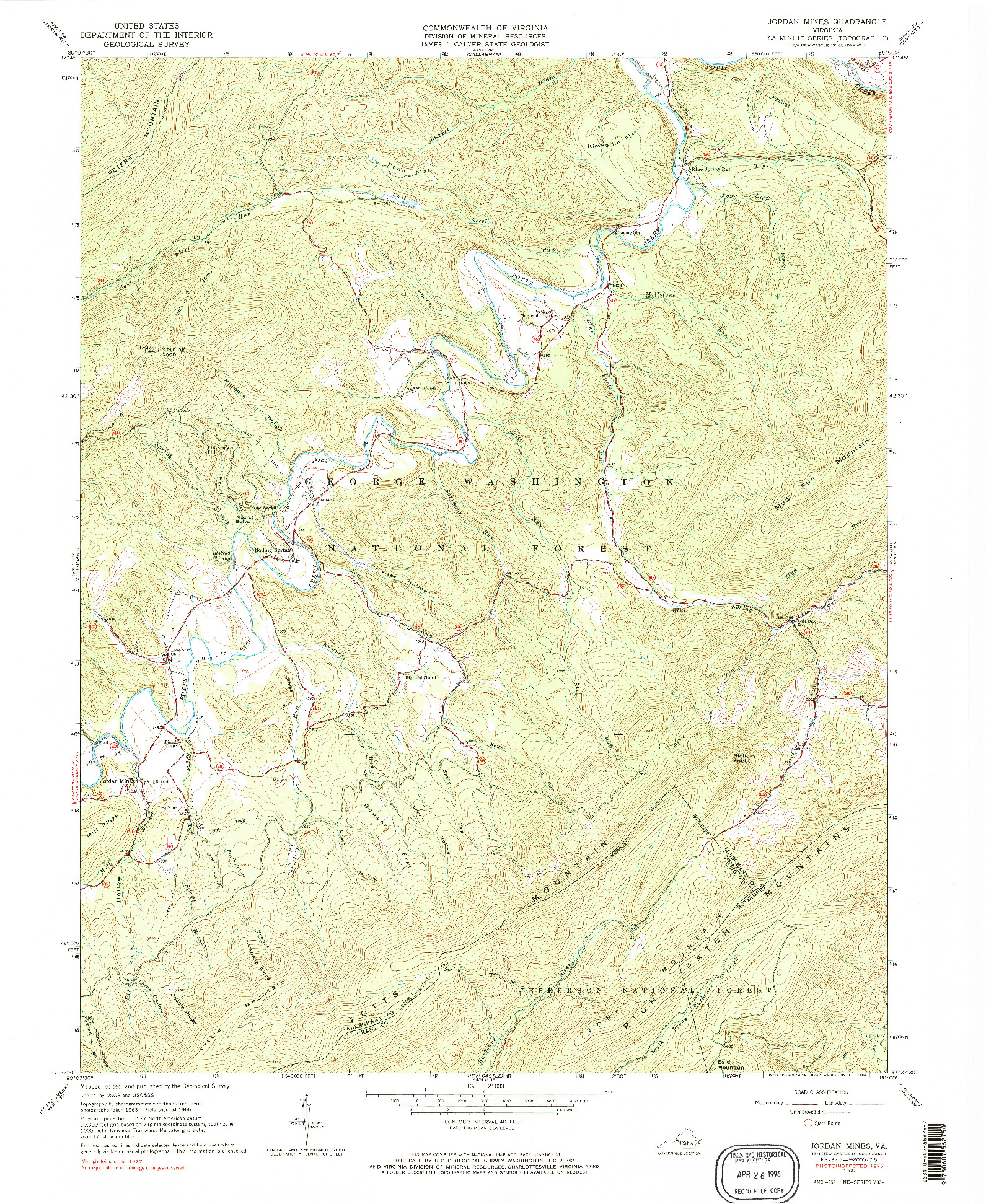 USGS 1:24000-SCALE QUADRANGLE FOR JORDAN MINES, VA 1966