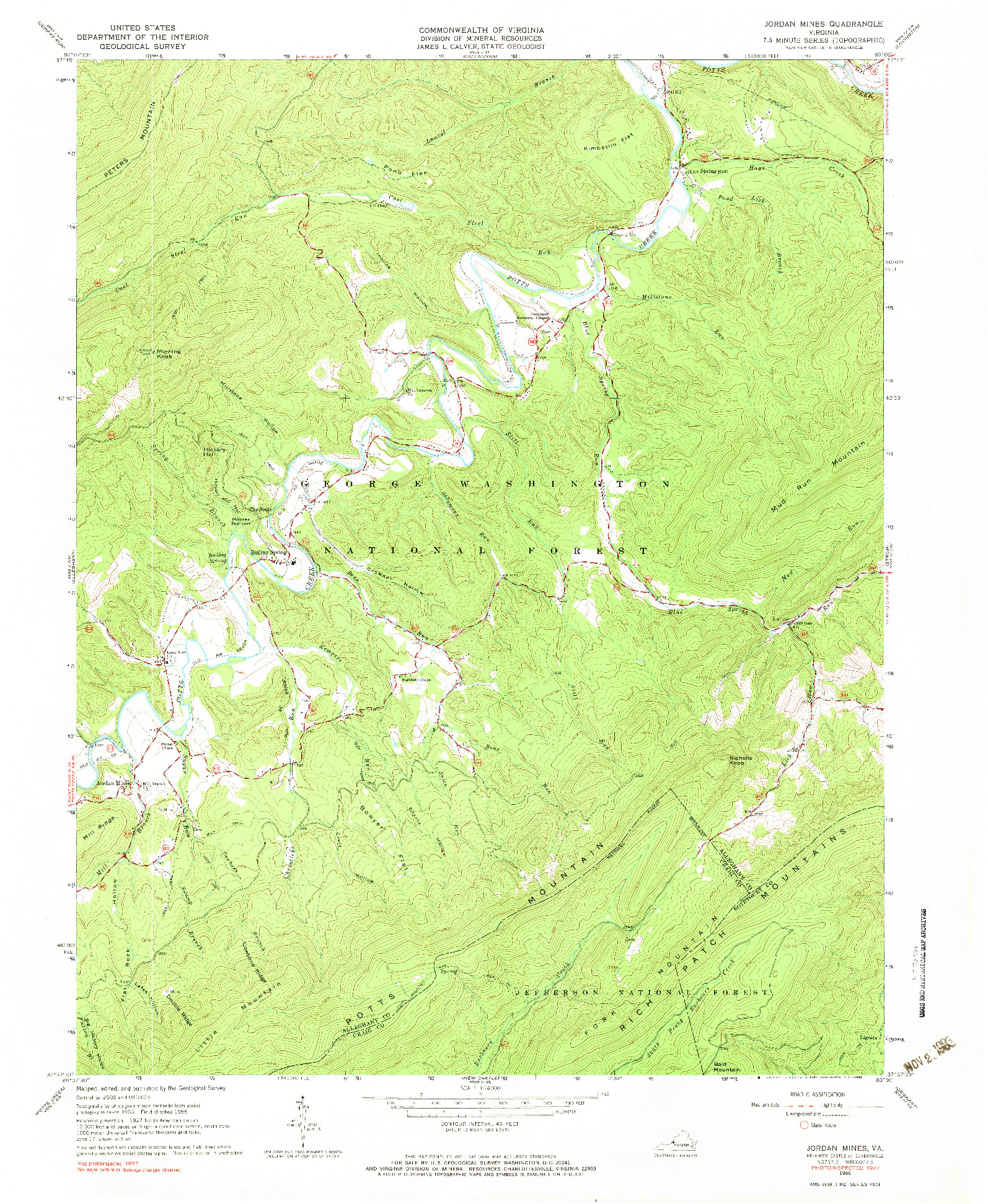 USGS 1:24000-SCALE QUADRANGLE FOR JORDAN MINES, VA 1966