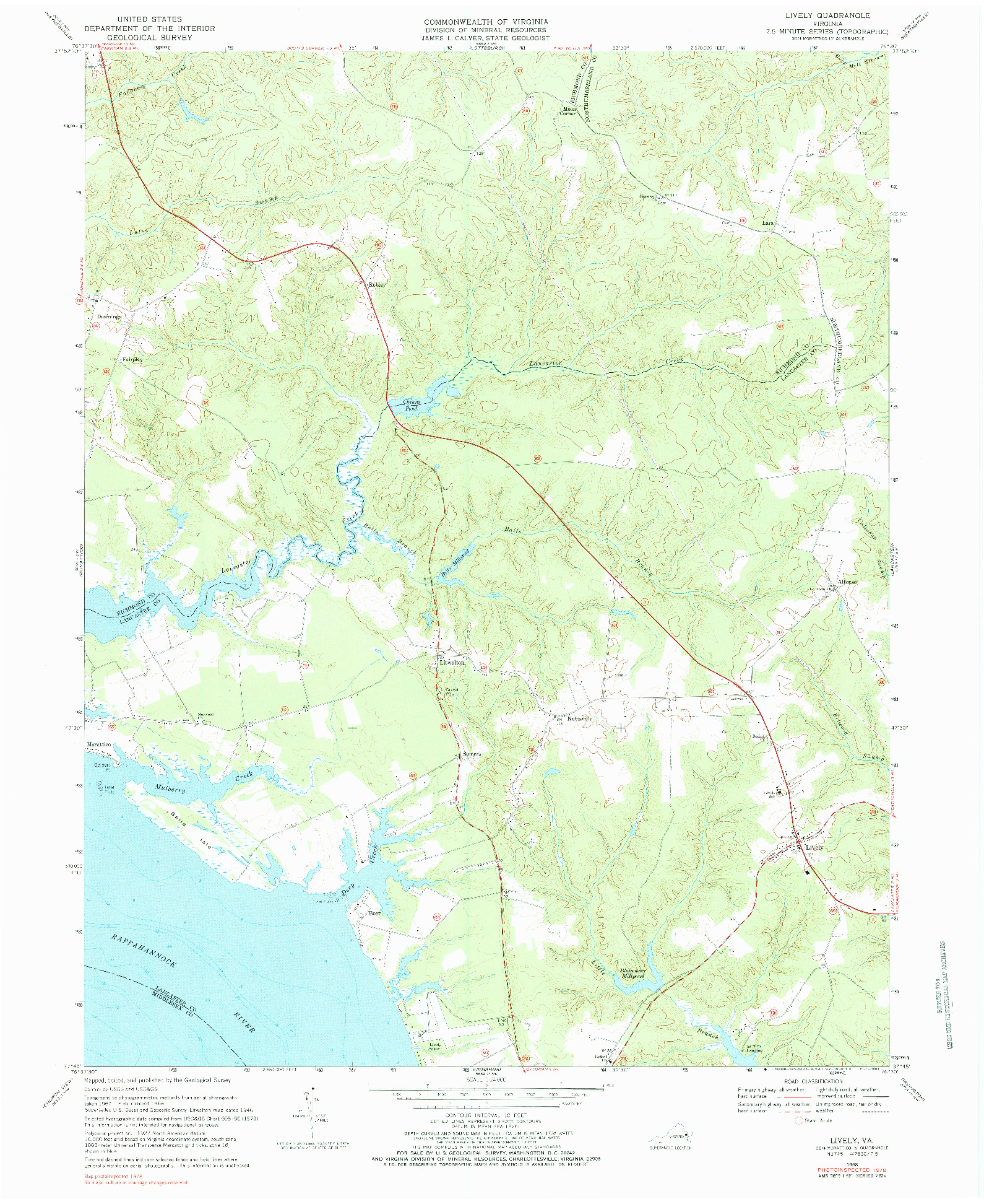 USGS 1:24000-SCALE QUADRANGLE FOR LIVELY, VA 1968