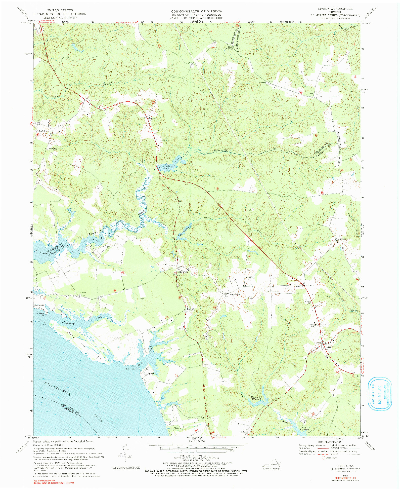 USGS 1:24000-SCALE QUADRANGLE FOR LIVELY, VA 1968
