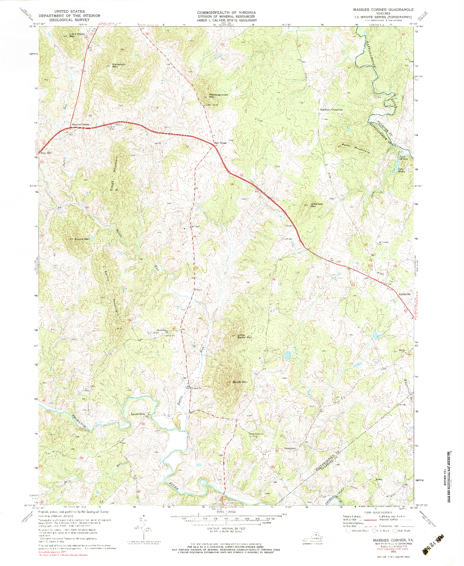 USGS 1:24000-SCALE QUADRANGLE FOR MASSIES CORNER, VA 1971