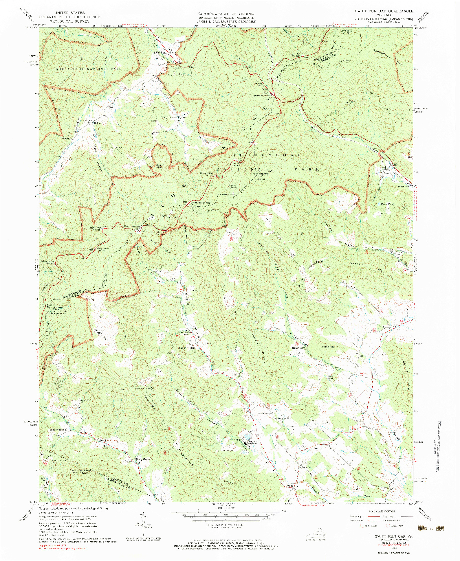 USGS 1:24000-SCALE QUADRANGLE FOR SWIFT RUN GAP, VA 1965