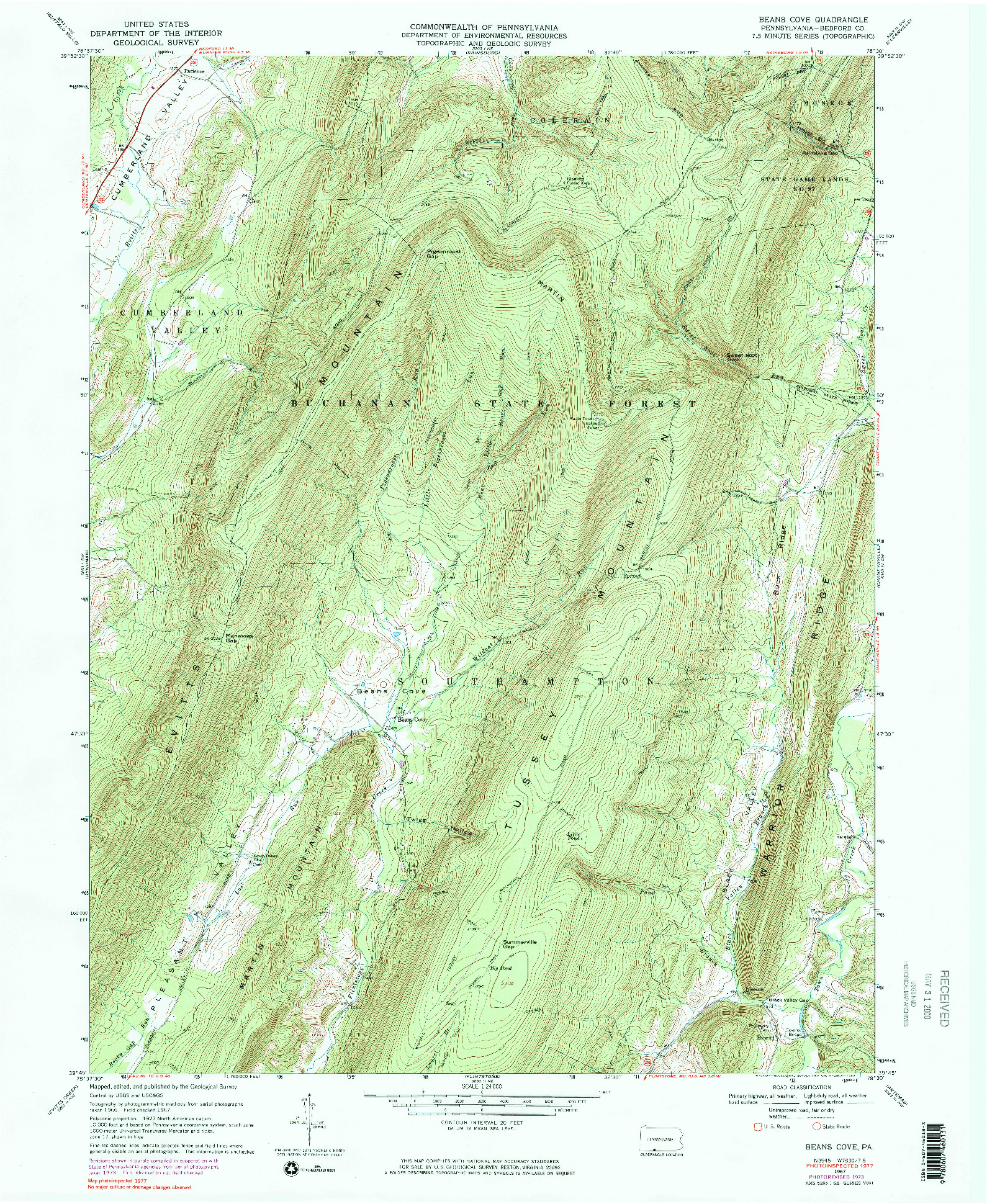 USGS 1:24000-SCALE QUADRANGLE FOR BEANS COVE, PA 1967
