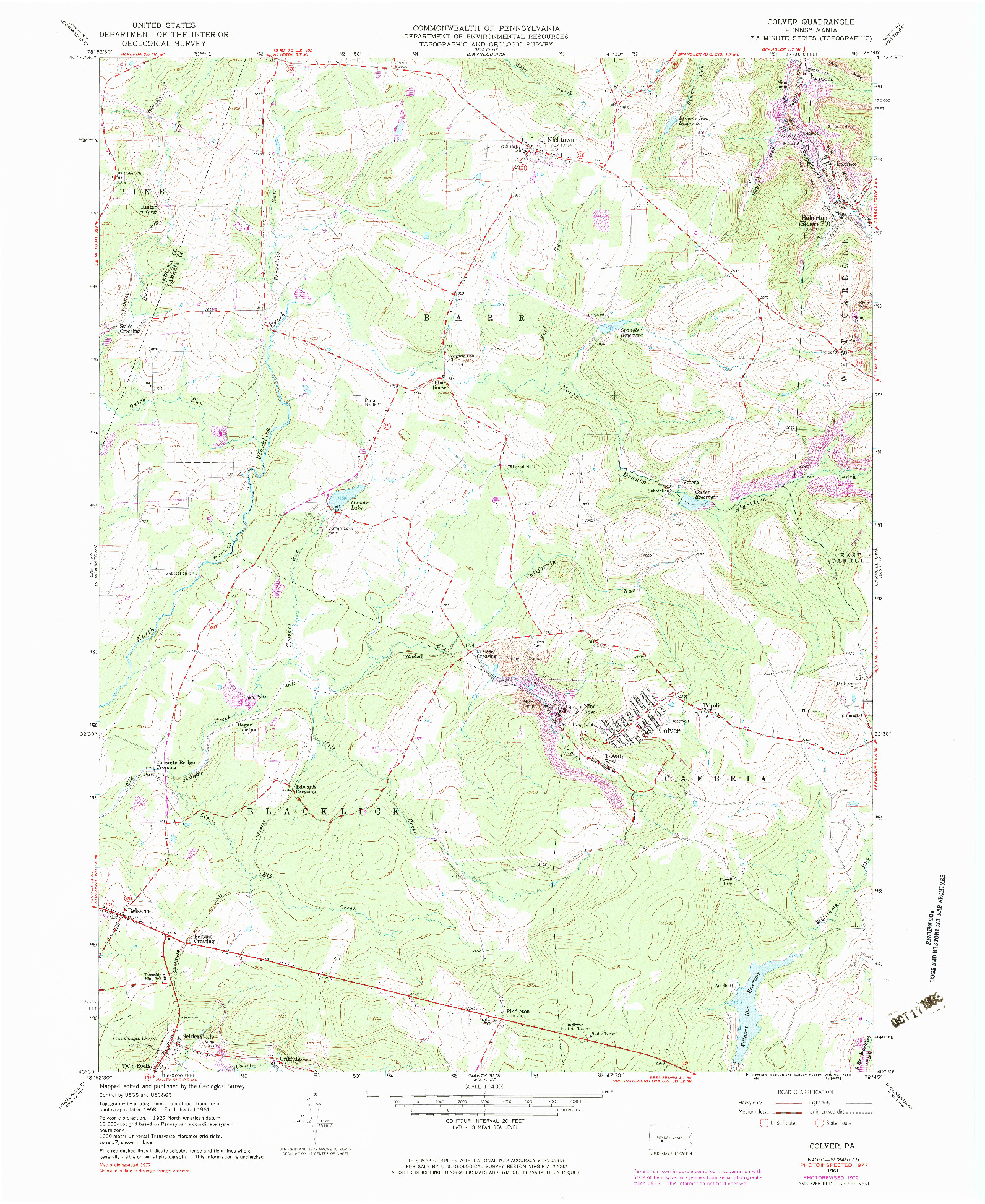 USGS 1:24000-SCALE QUADRANGLE FOR COLVER, PA 1961
