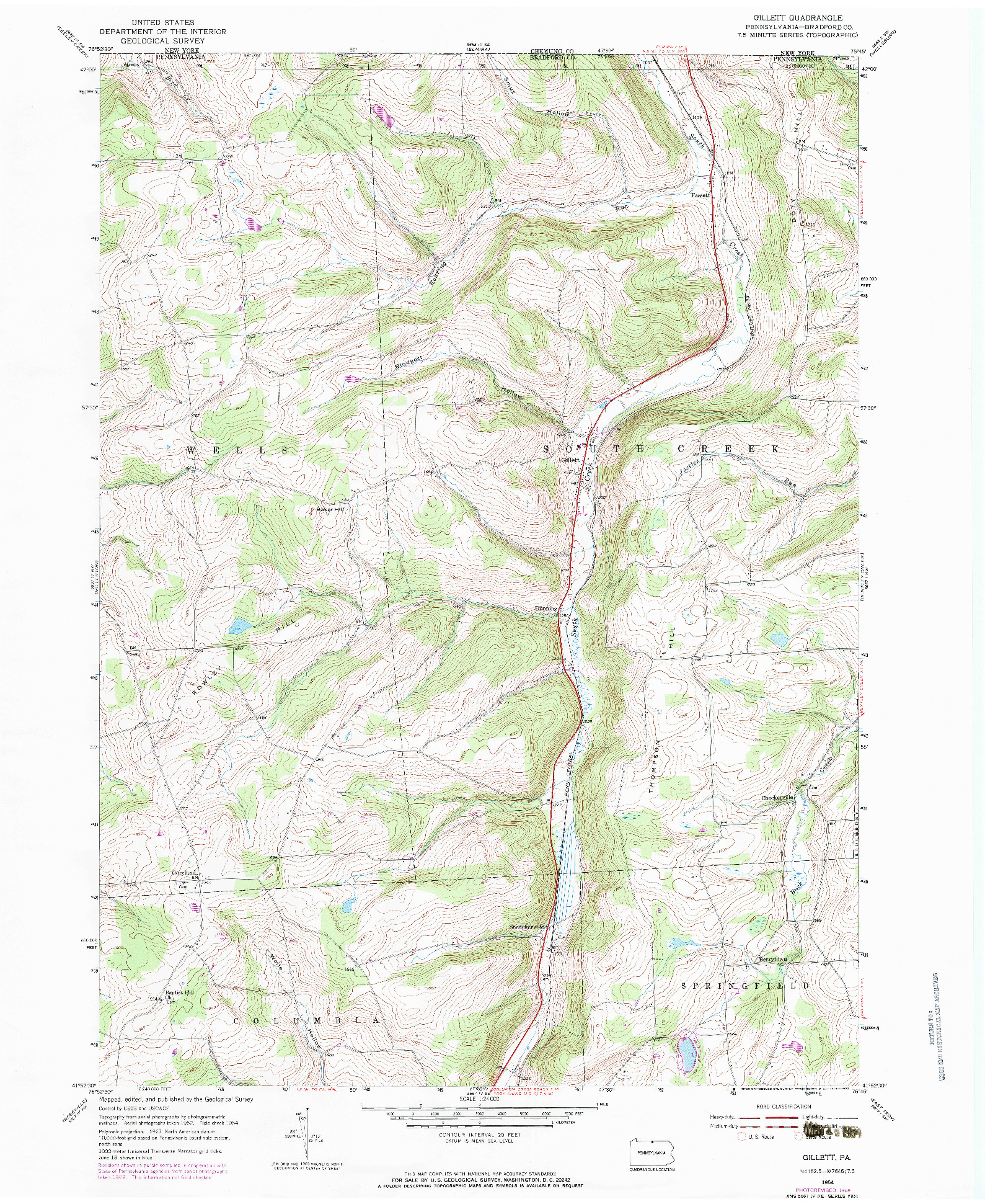 USGS 1:24000-SCALE QUADRANGLE FOR GILLETT, PA 1954