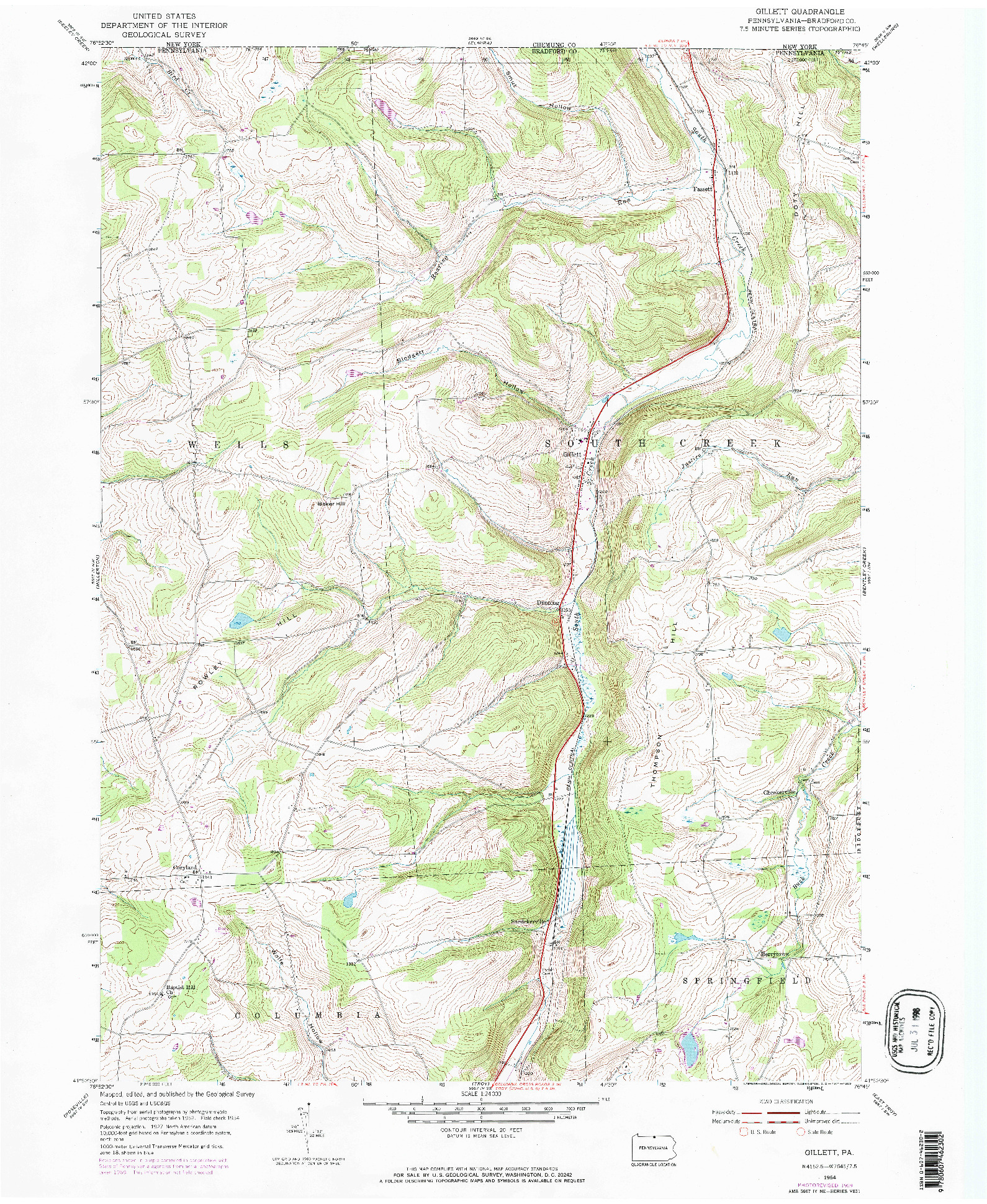 USGS 1:24000-SCALE QUADRANGLE FOR GILLETT, PA 1954