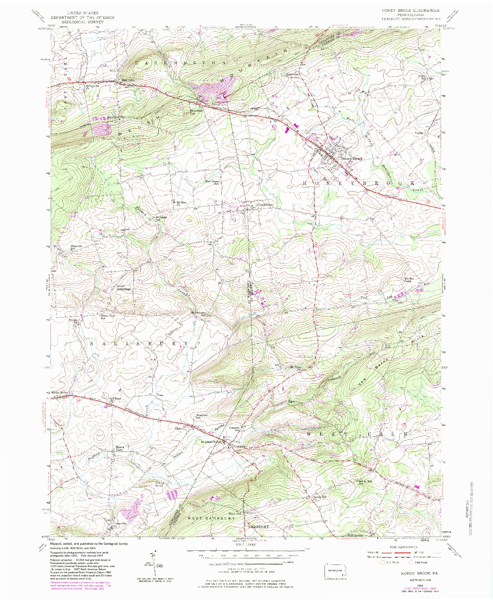 USGS 1:24000-SCALE QUADRANGLE FOR HONEY BROOK, PA 1955