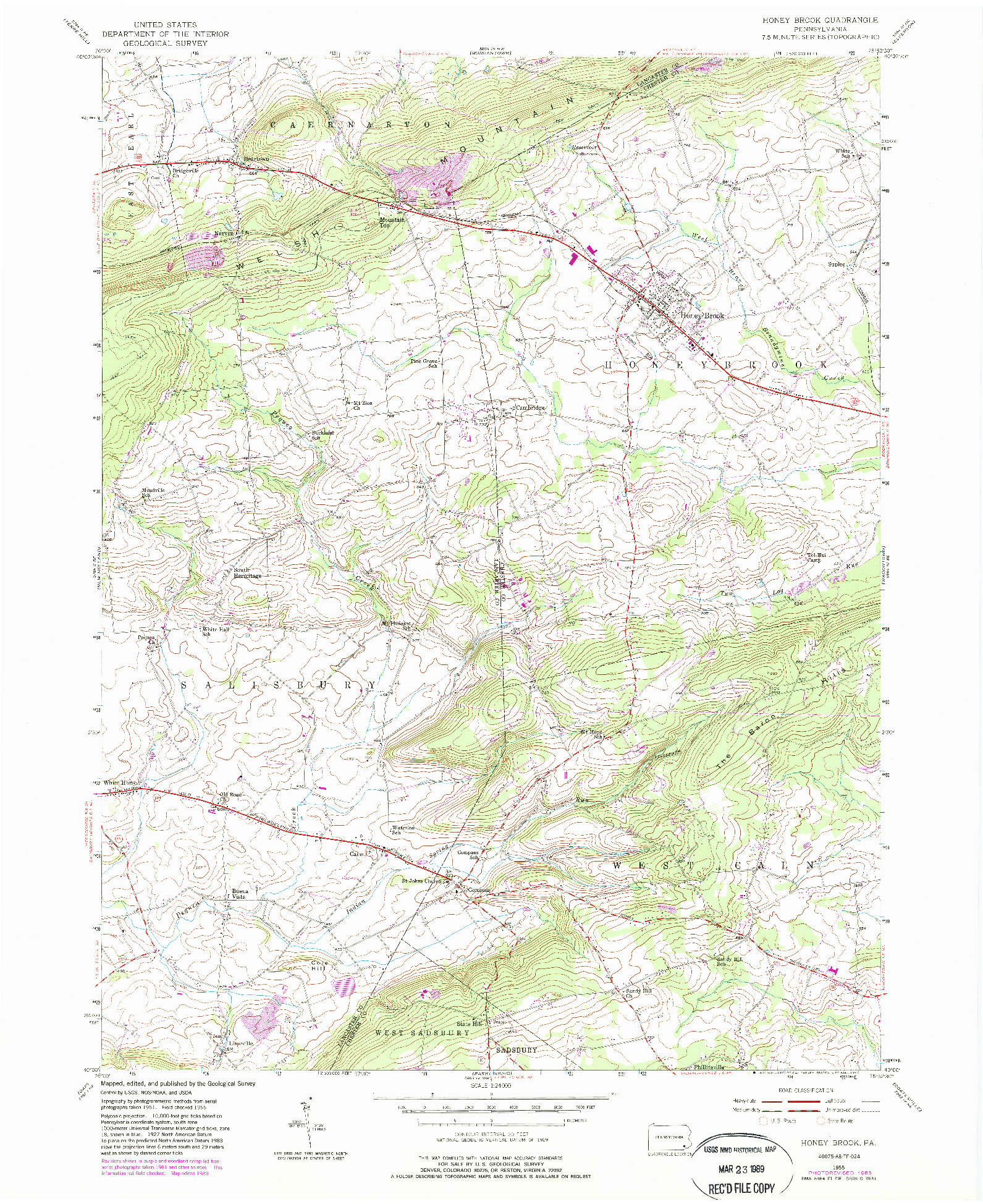 USGS 1:24000-SCALE QUADRANGLE FOR HONEY BROOK, PA 1955