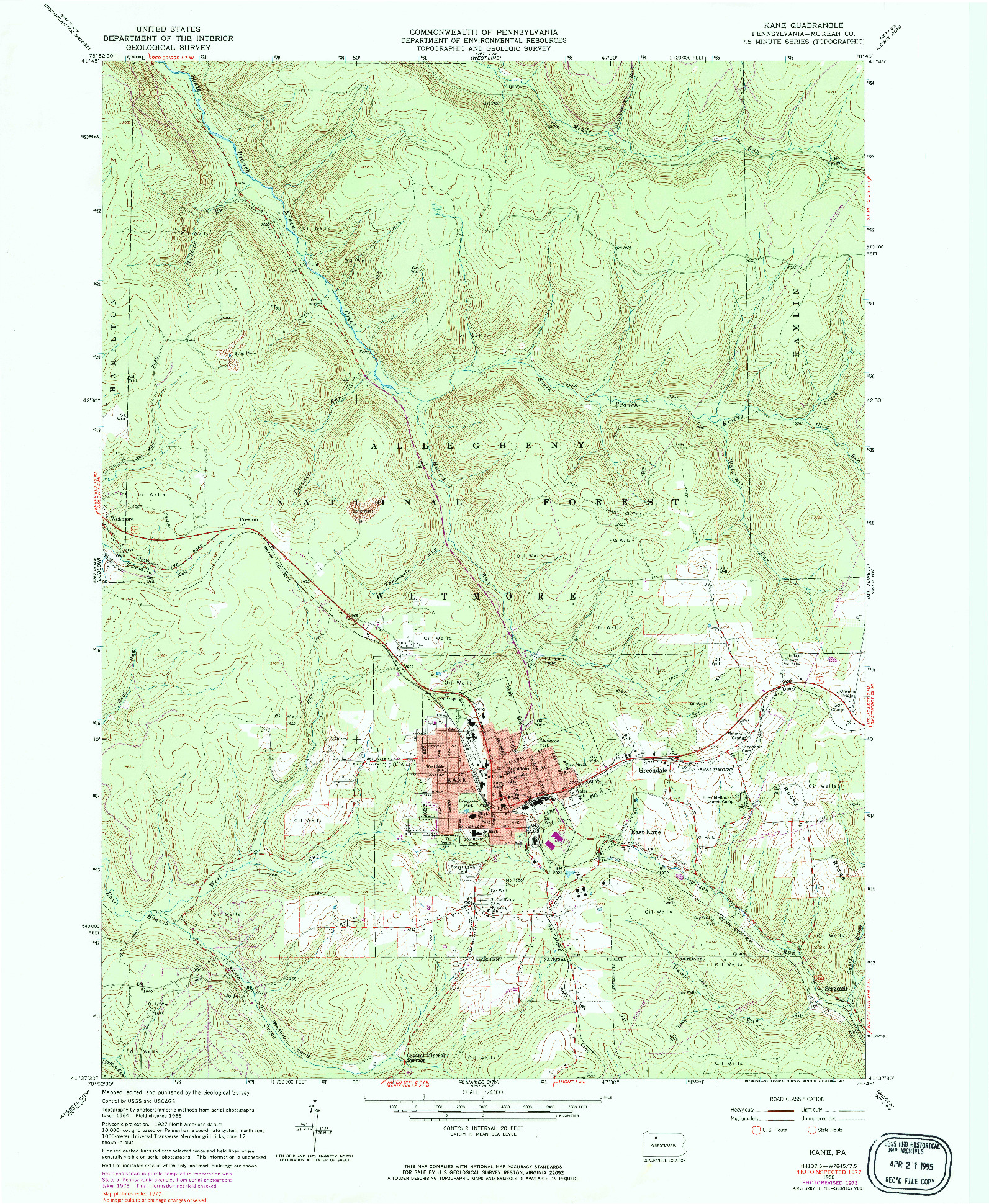 USGS 1:24000-SCALE QUADRANGLE FOR KANE, PA 1966