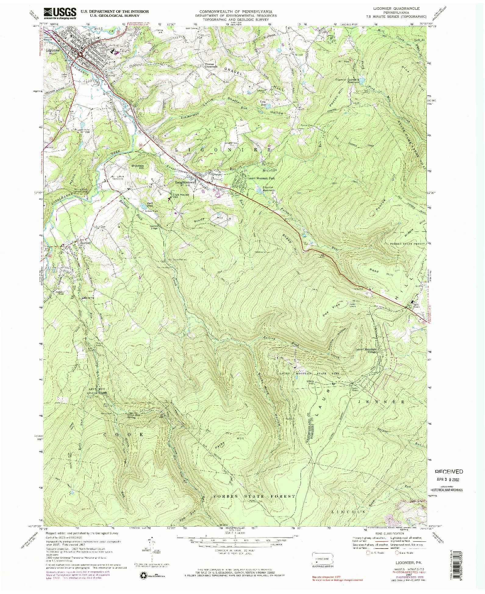 USGS 1:24000-SCALE QUADRANGLE FOR LIGONIER, PA 1967