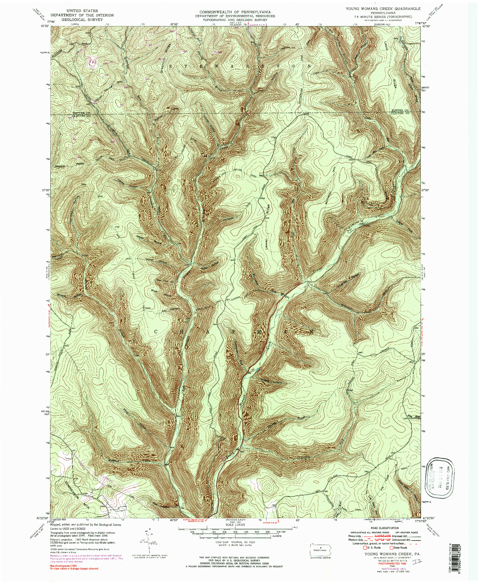 USGS 1:24000-SCALE QUADRANGLE FOR YOUNG WOMANS CREEK, PA 1946