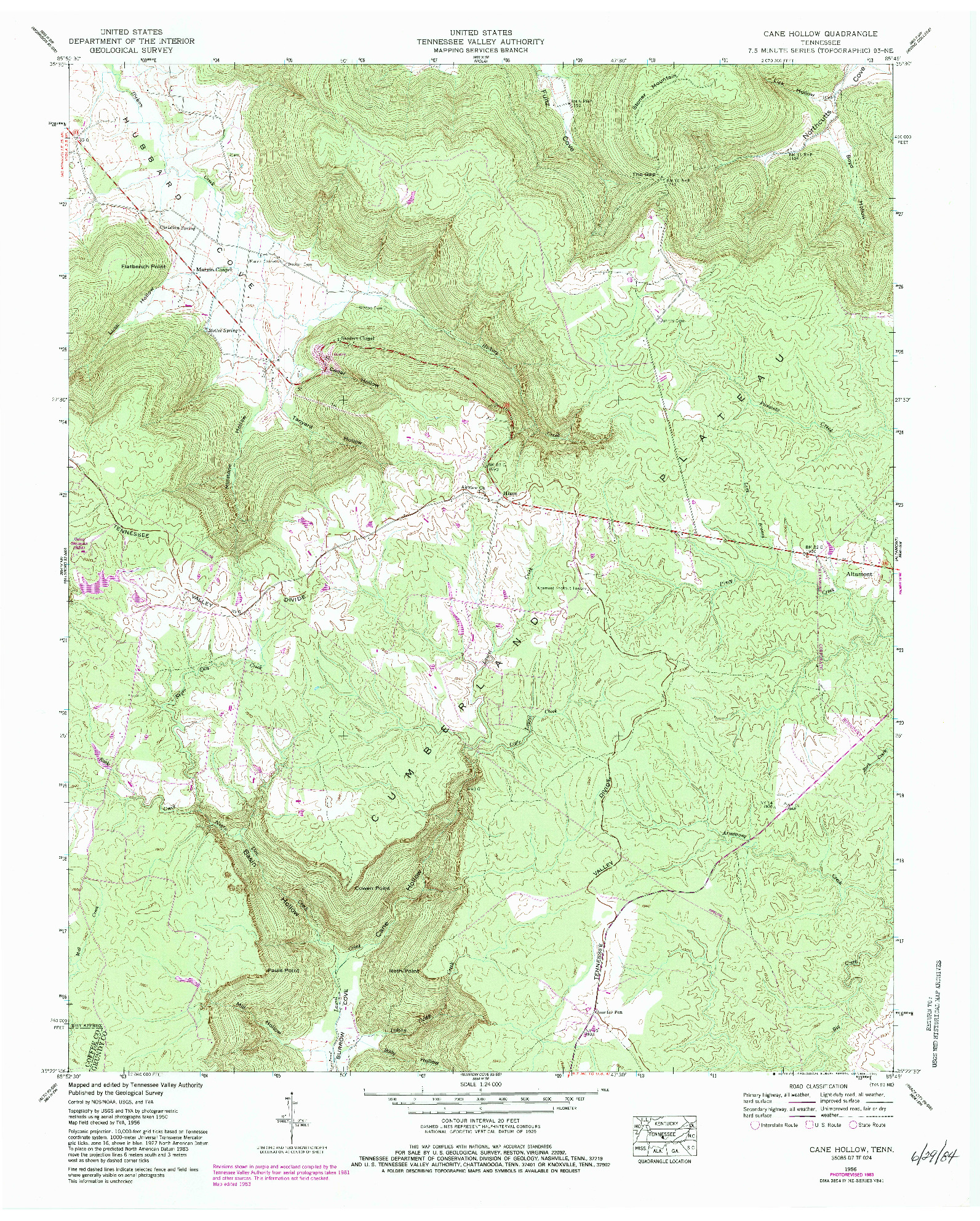USGS 1:24000-SCALE QUADRANGLE FOR CANE HOLLOW, TN 1956