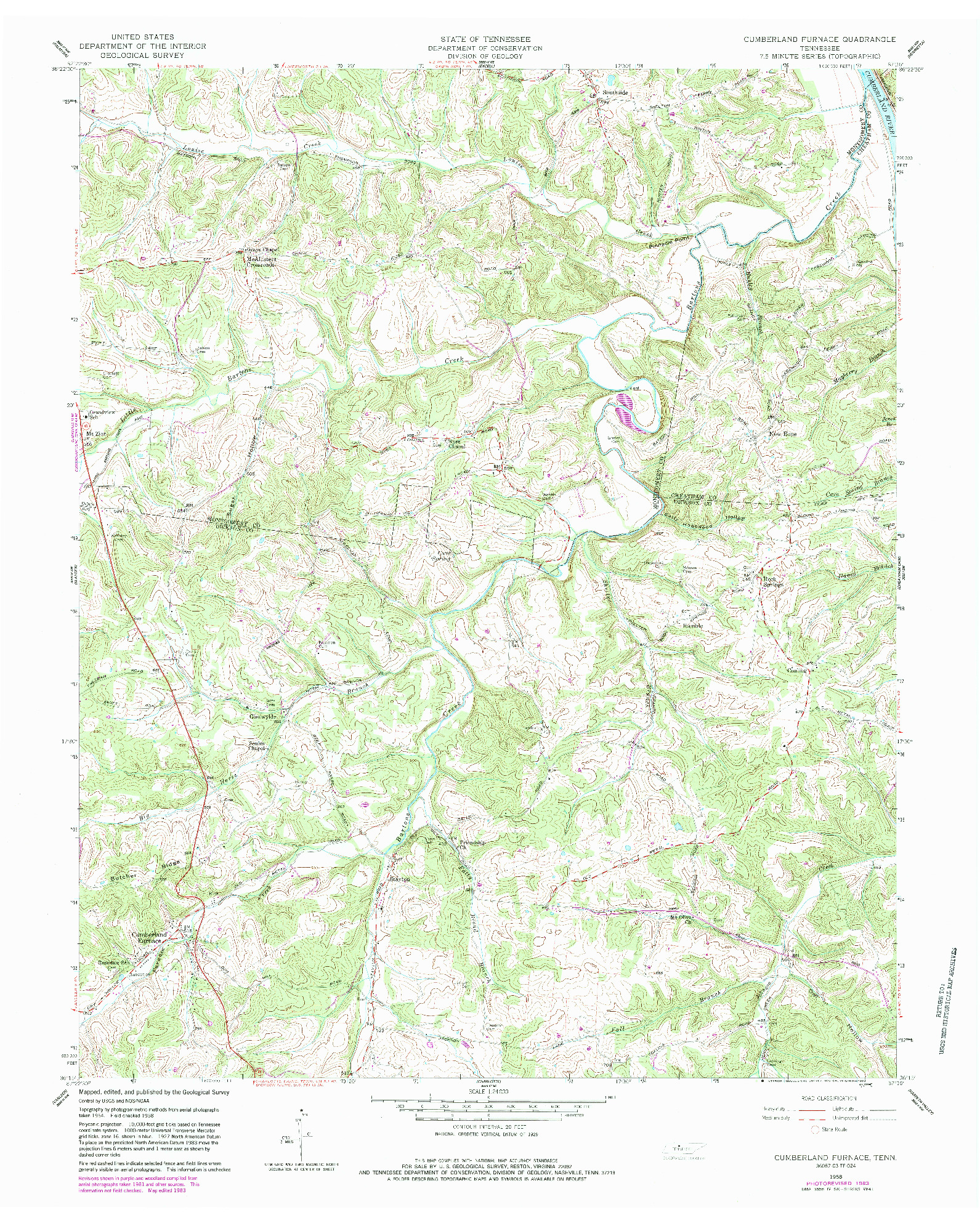 USGS 1:24000-SCALE QUADRANGLE FOR CUMBERLAND FURNACE, TN 1958