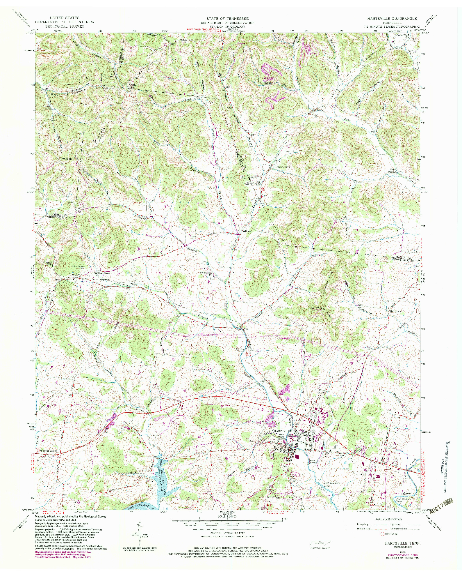 USGS 1:24000-SCALE QUADRANGLE FOR HARTSVILLE, TN 1958