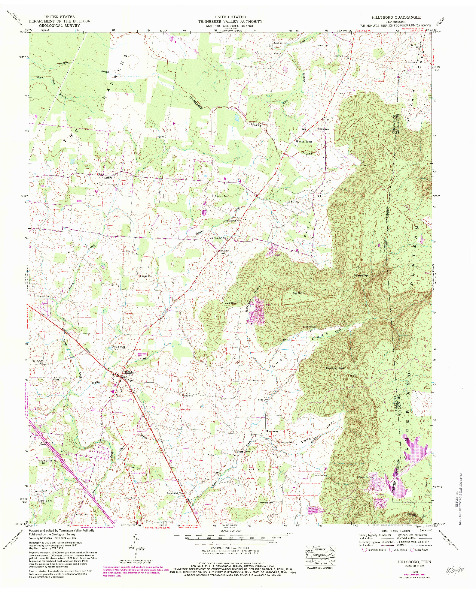 USGS 1:24000-SCALE QUADRANGLE FOR HILLSBORO, TN 1953