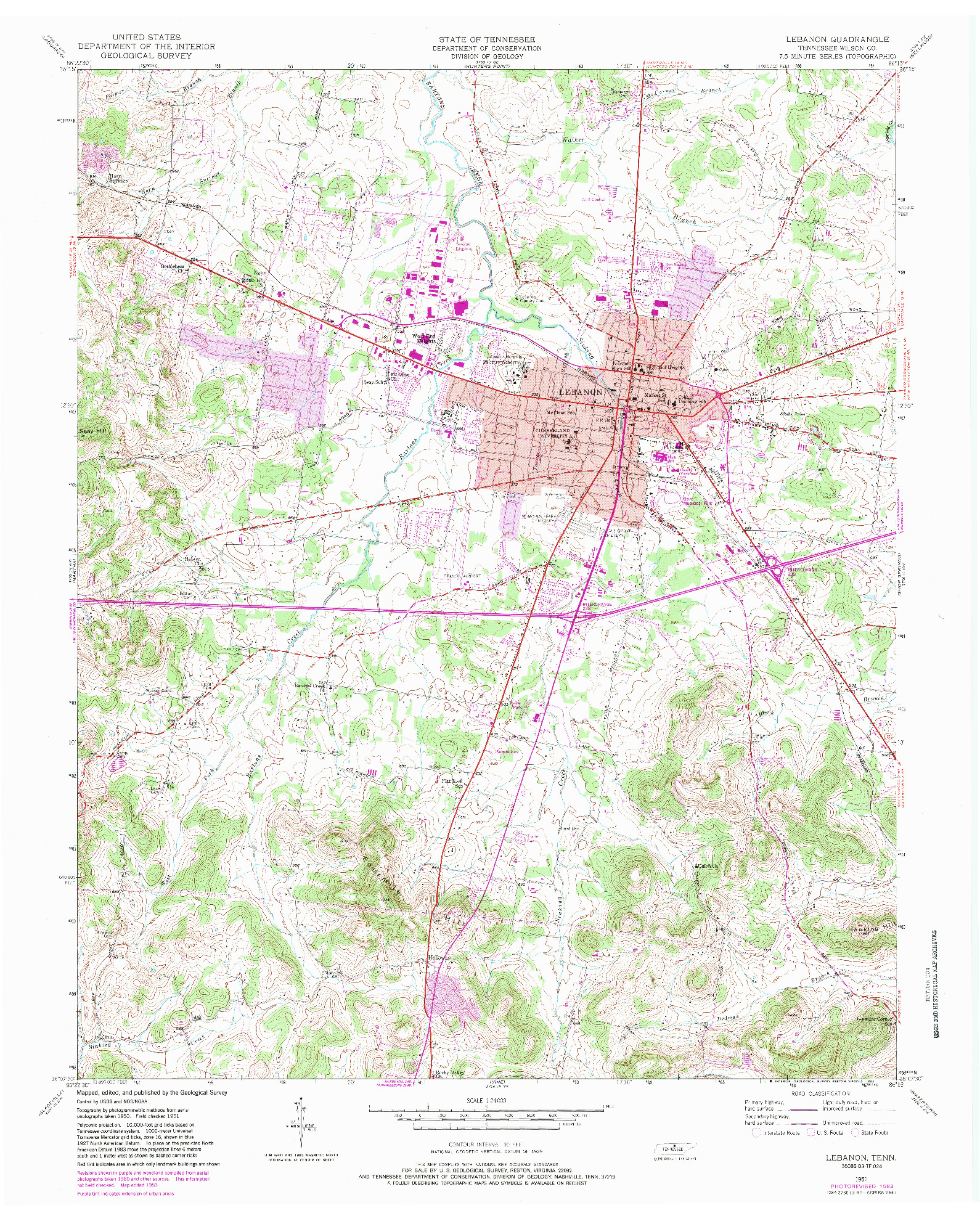 USGS 1:24000-SCALE QUADRANGLE FOR LEBANON, TN 1951