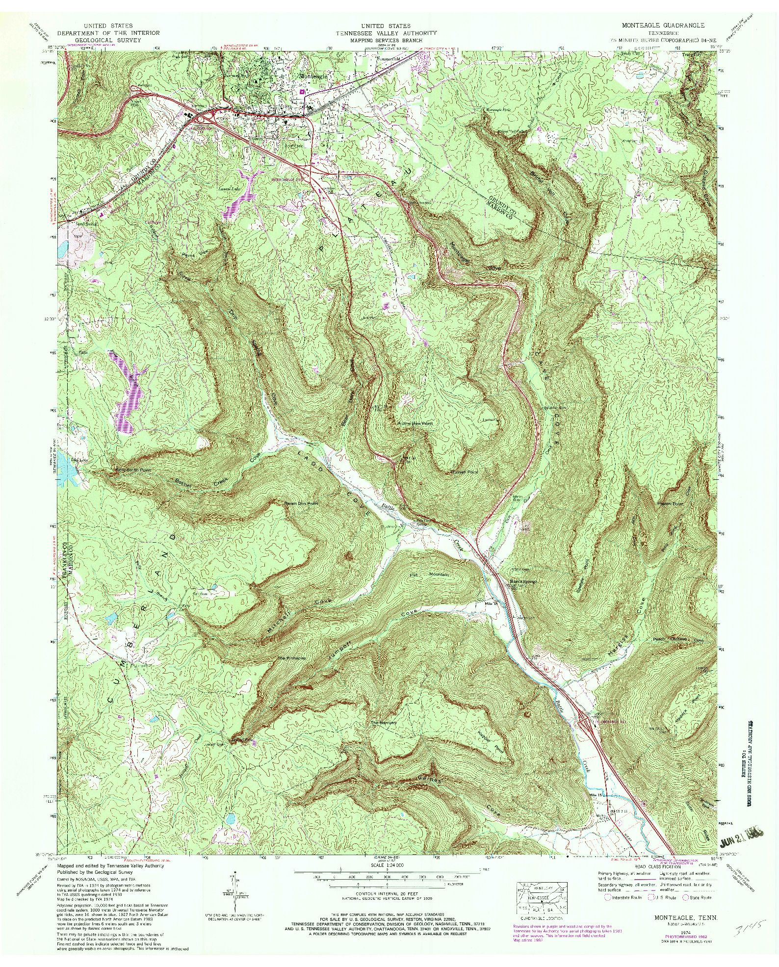 USGS 1:24000-SCALE QUADRANGLE FOR MONTEAGLE, TN 1974