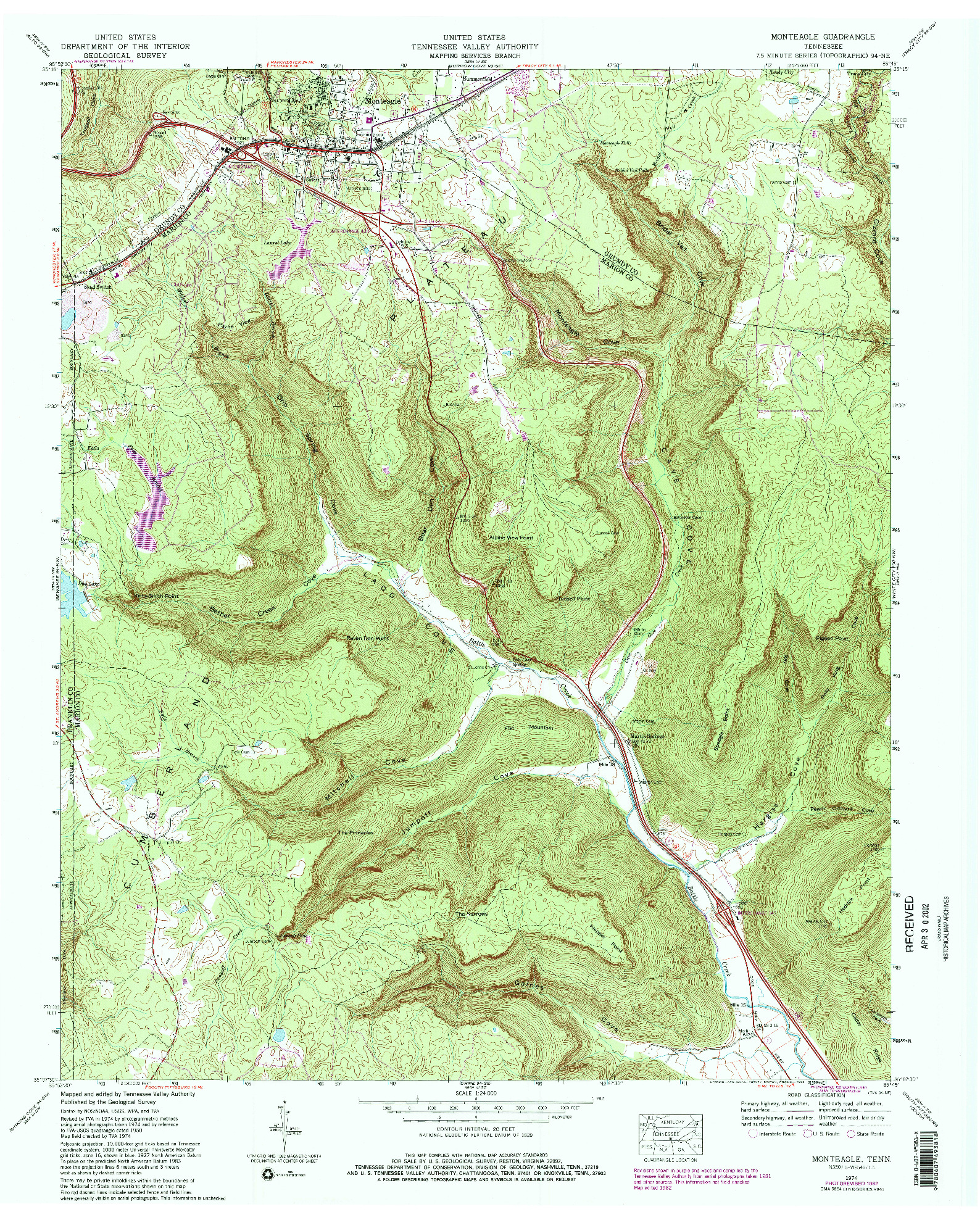 USGS 1:24000-SCALE QUADRANGLE FOR MONTEAGLE, TN 1974