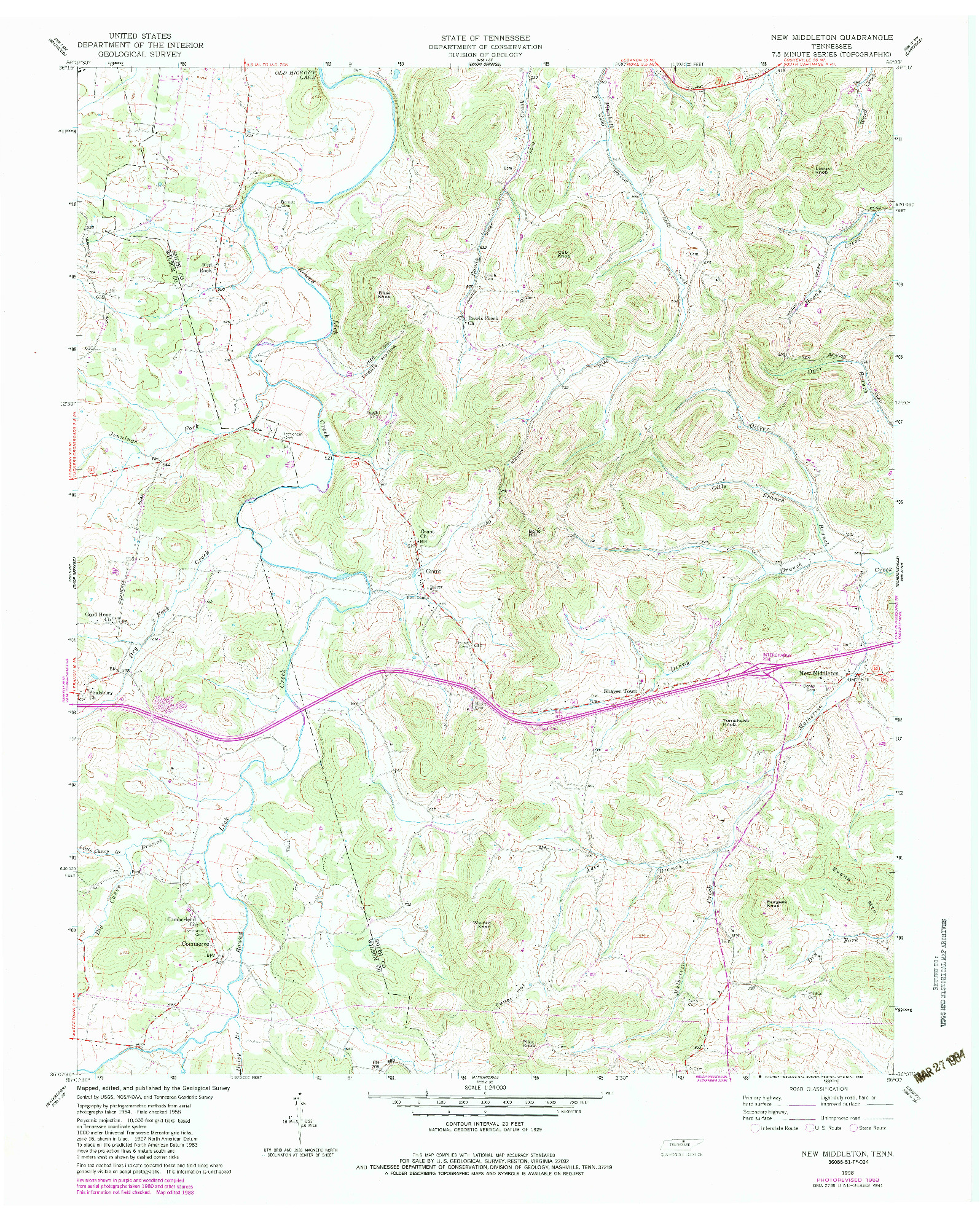 USGS 1:24000-SCALE QUADRANGLE FOR NEW MIDDLETON, TN 1958