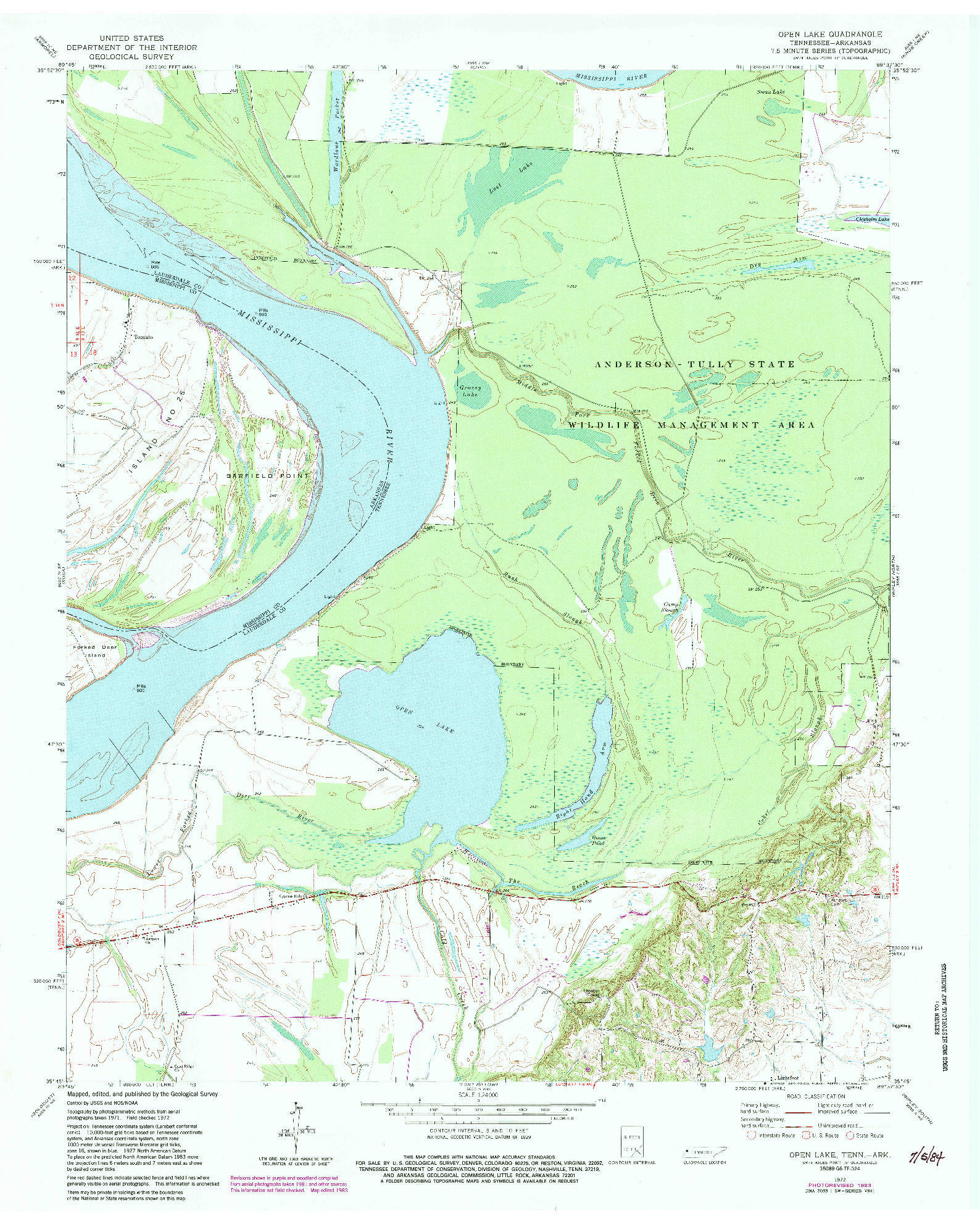 USGS 1:24000-SCALE QUADRANGLE FOR OPEN LAKE, TN 1972