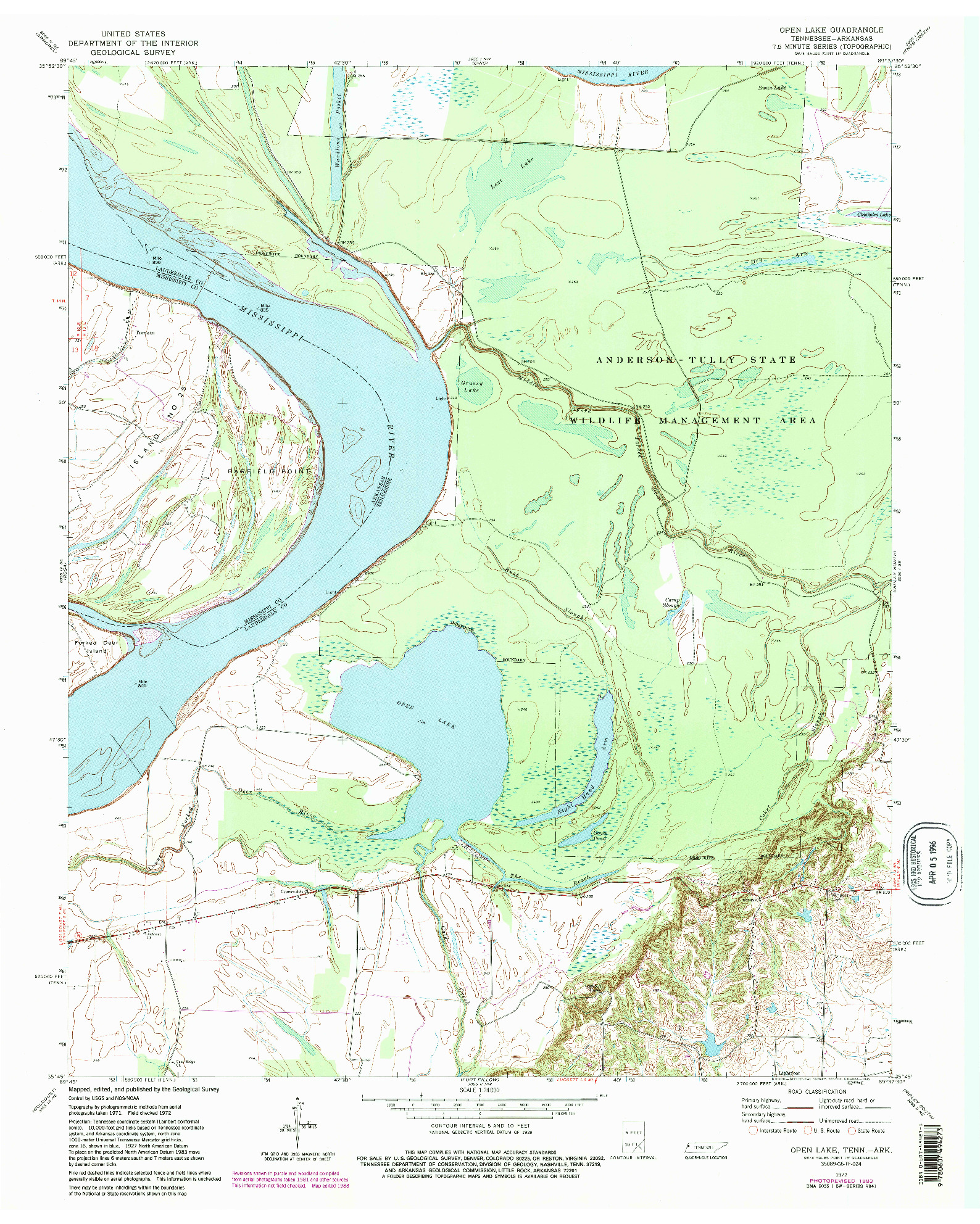 USGS 1:24000-SCALE QUADRANGLE FOR OPEN LAKE, TN 1972